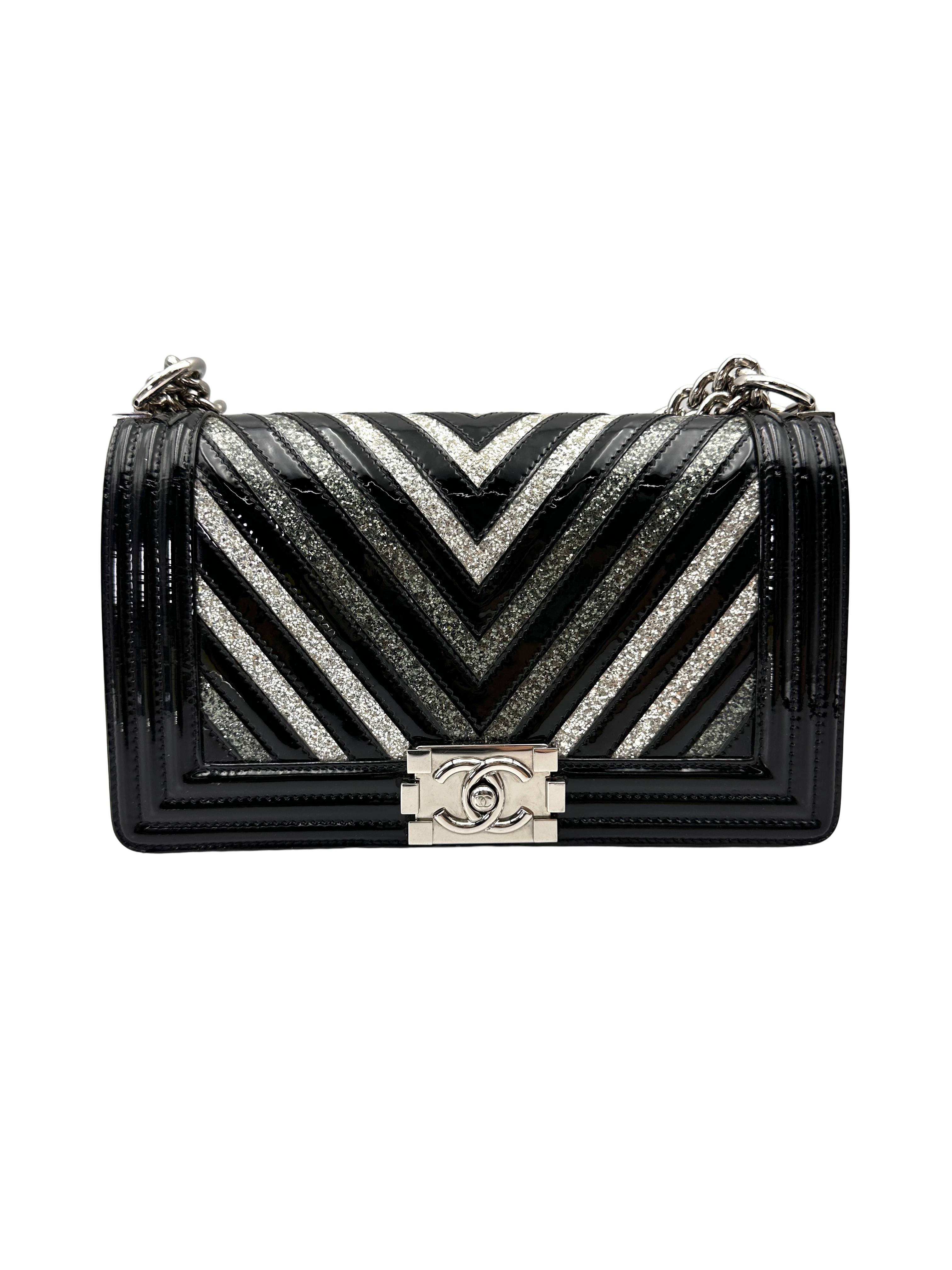 Chanel LeBoy Black Sequin Chevron Quilted Patent Leather Flap Bag(24***15) CC2251