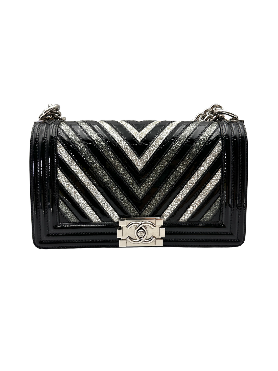 Chanel LeBoy Black Sequin Chevron Quilted Patent Leather Flap Bag(24***15) CC2251