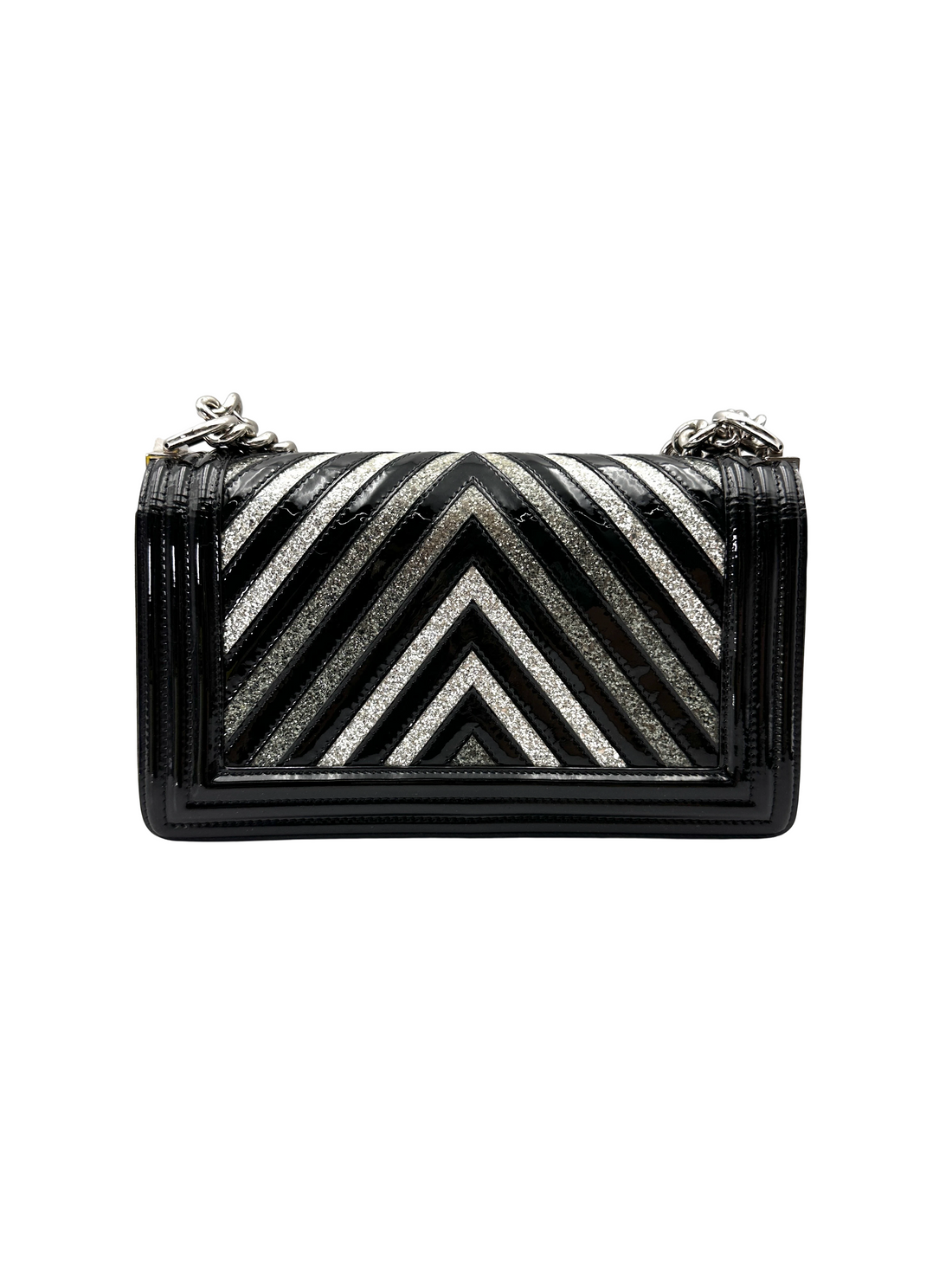 Chanel LeBoy Black Sequin Chevron Quilted Patent Leather Flap Bag(24***15) CC2251