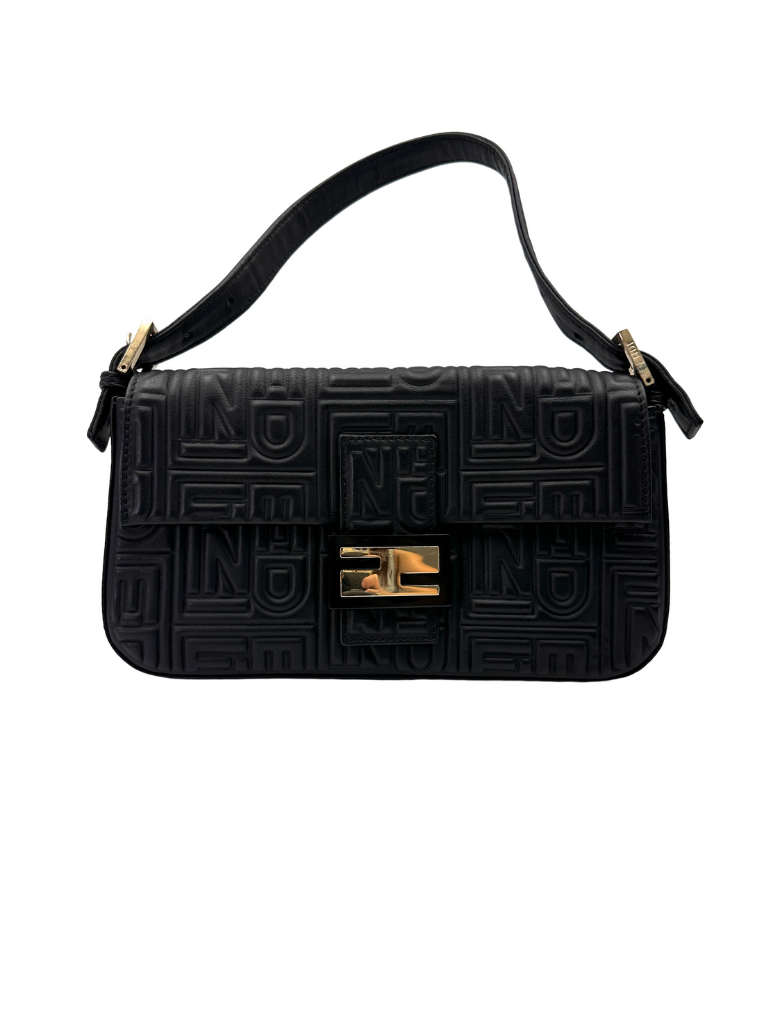 Fendi Baguette Black FF Embossed Leather Shoulder Bag FF127