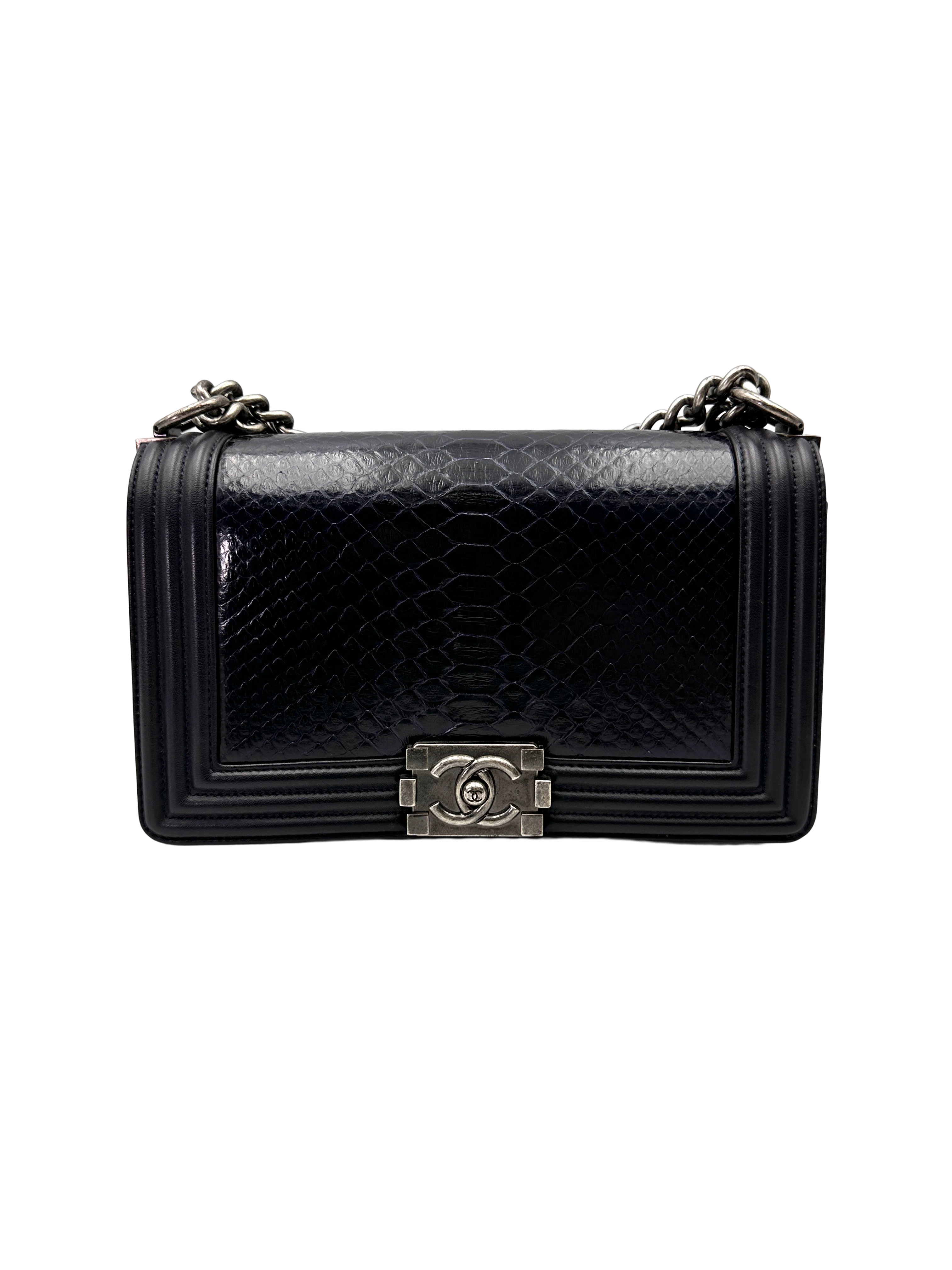 Chanel LeBoy Navy Python Leather Flap Bag With Silver Buckle(19***57) CC2290