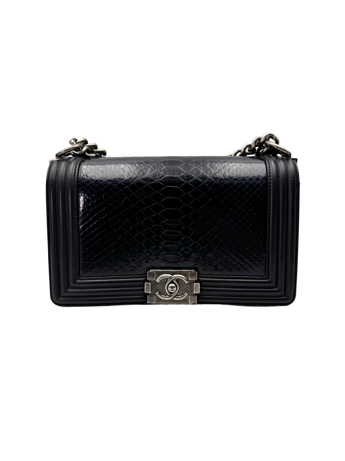 Chanel LeBoy Navy Python Leather Flap Bag With Silver Buckle(19***57) CC2290