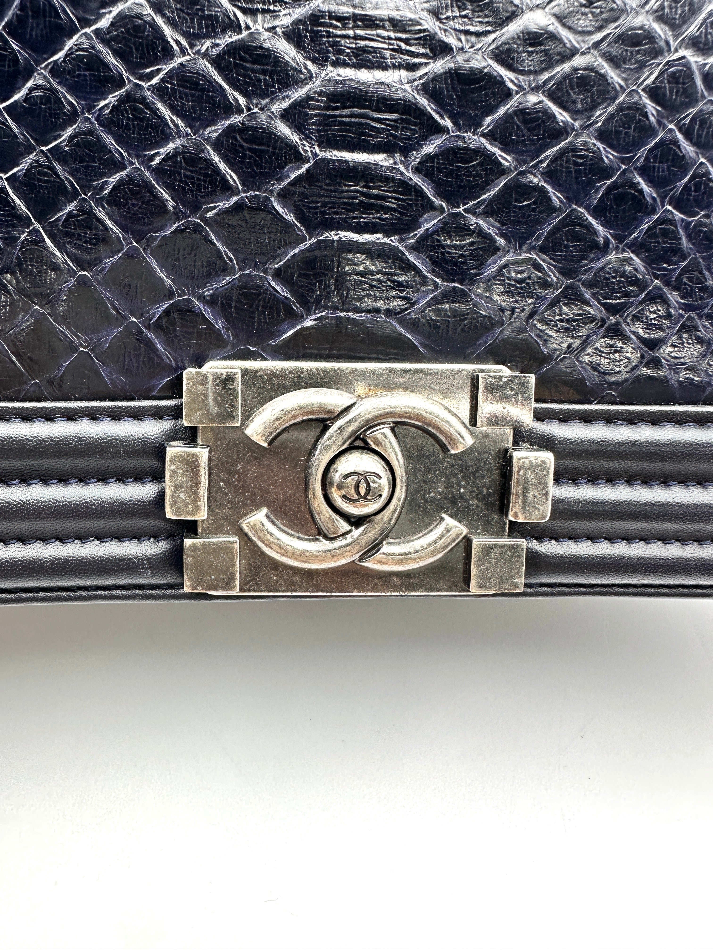 Chanel LeBoy Navy Python Leather Flap Bag With Silver Buckle(19***57) CC2290
