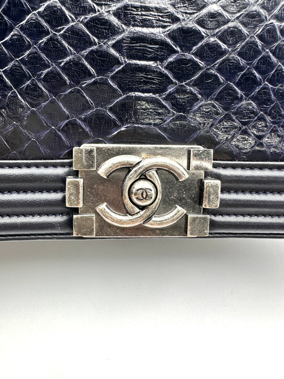 Chanel LeBoy Navy Python Leather Flap Bag With Silver Buckle(19***57) CC2290