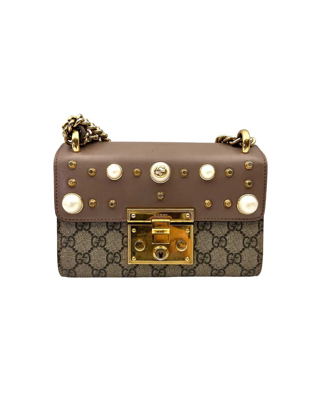 Gucci Padlock PInk Pearl Studded Leather & GG Supreme Canvas Chain Bag GG1365