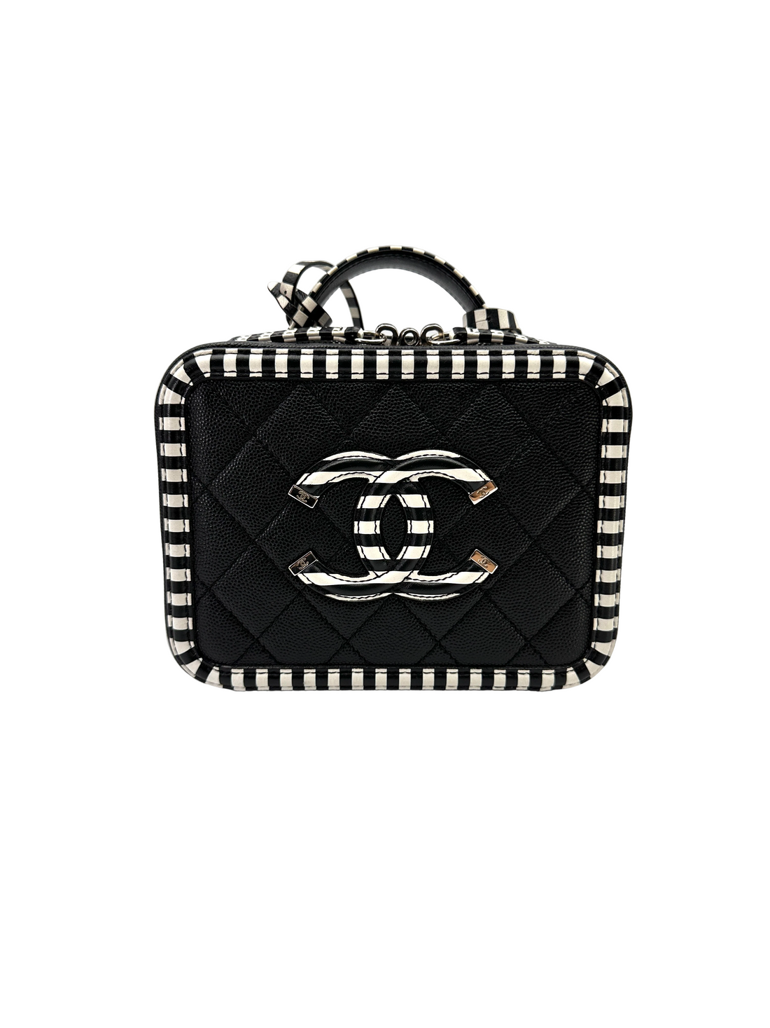 Chanel CC Filigree Black/White Quilted Leather Top Handle Vanity Case(27***23) CC2263
