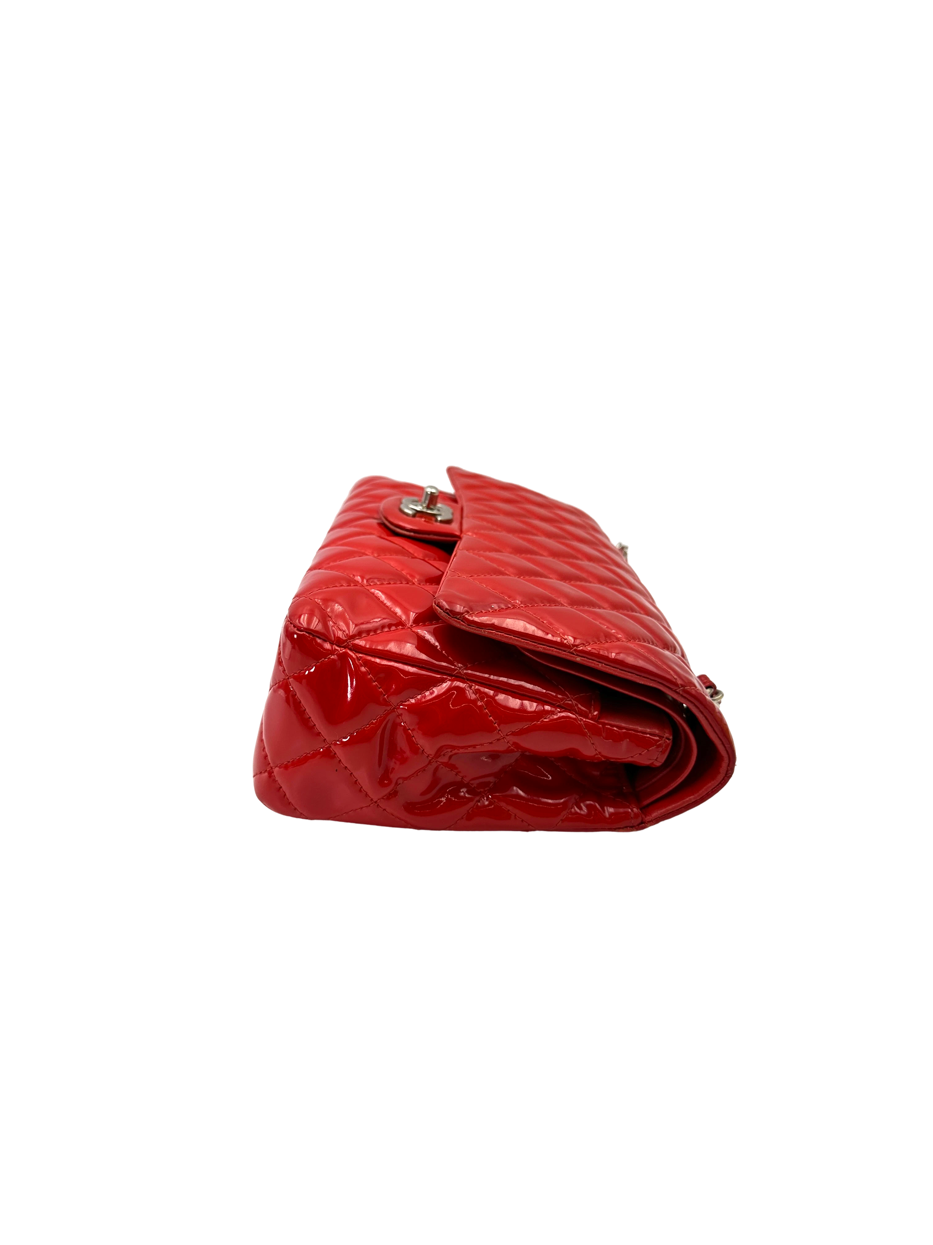 Chanel Classic Flap Red Quilted Patent Leather Shoulder Bag With Silver Buckle(19***05) CC2265