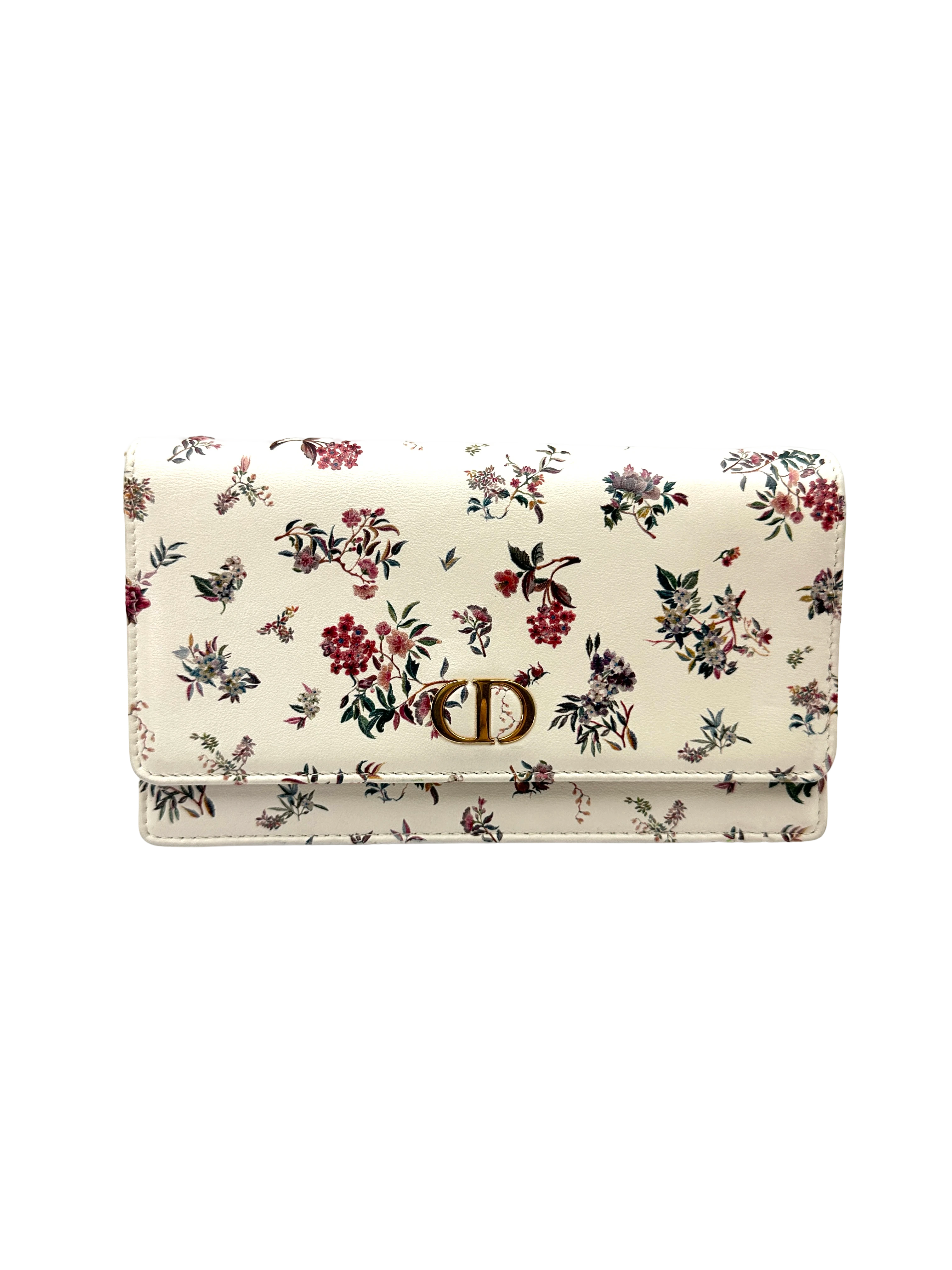 Christian Dior Caro Pouch White Petites Fleurs Floral Print Leather Wallet On Chain DR825