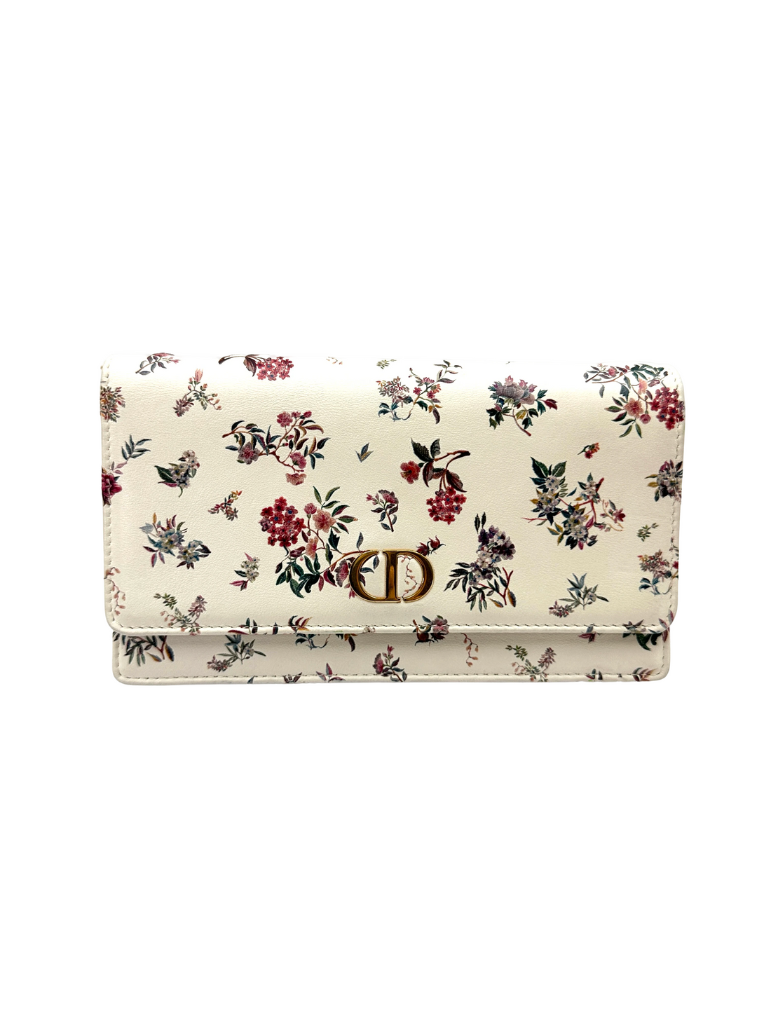 Christian Dior Caro Pouch White Petites Fleurs Floral Print Leather Wallet On Chain DR825