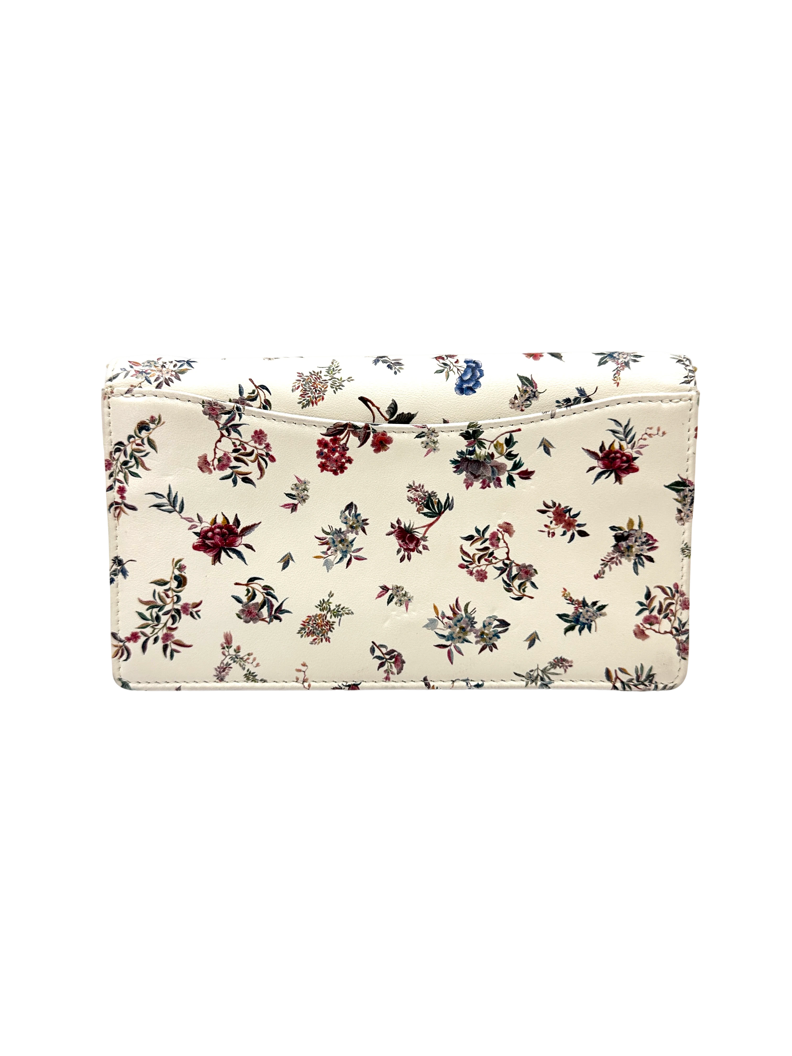 Christian Dior Caro Pouch White Petites Fleurs Floral Print Leather Wallet On Chain DR825