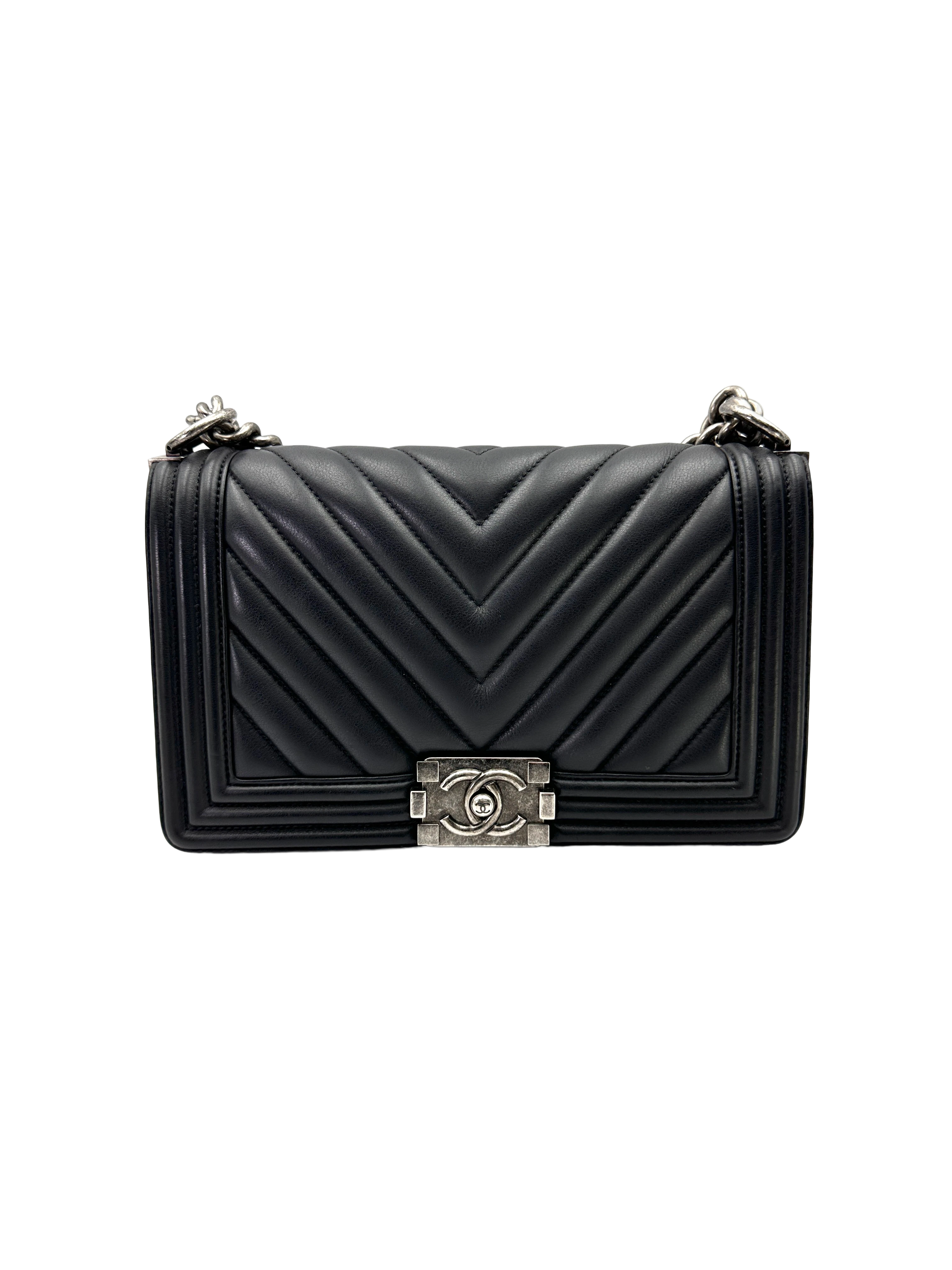 Chanel LeBoy Black Chevron Quilted Leather Medium Size Flap Bag With Silver Buckle(22***34) CC2277