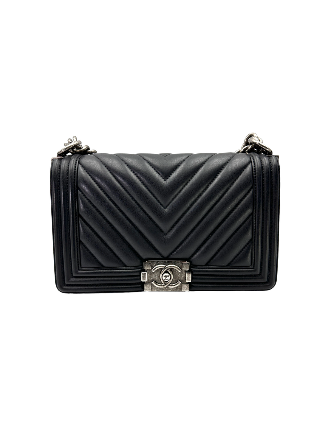 Chanel LeBoy Black Chevron Quilted Leather Medium Size Flap Bag With Silver Buckle(22***34) CC2277