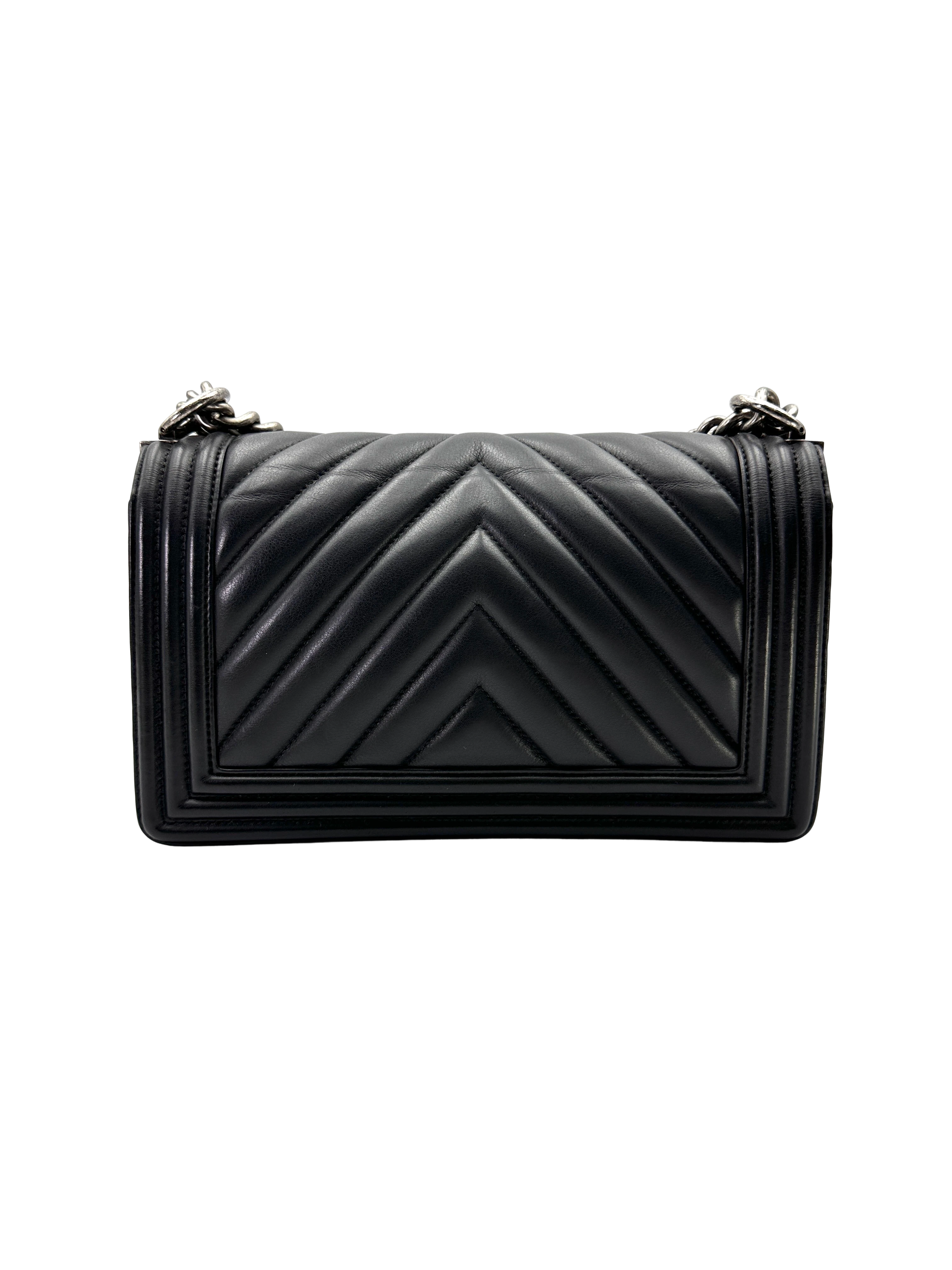 Chanel LeBoy Black Chevron Quilted Leather Medium Size Flap Bag With Silver Buckle(22***34) CC2277