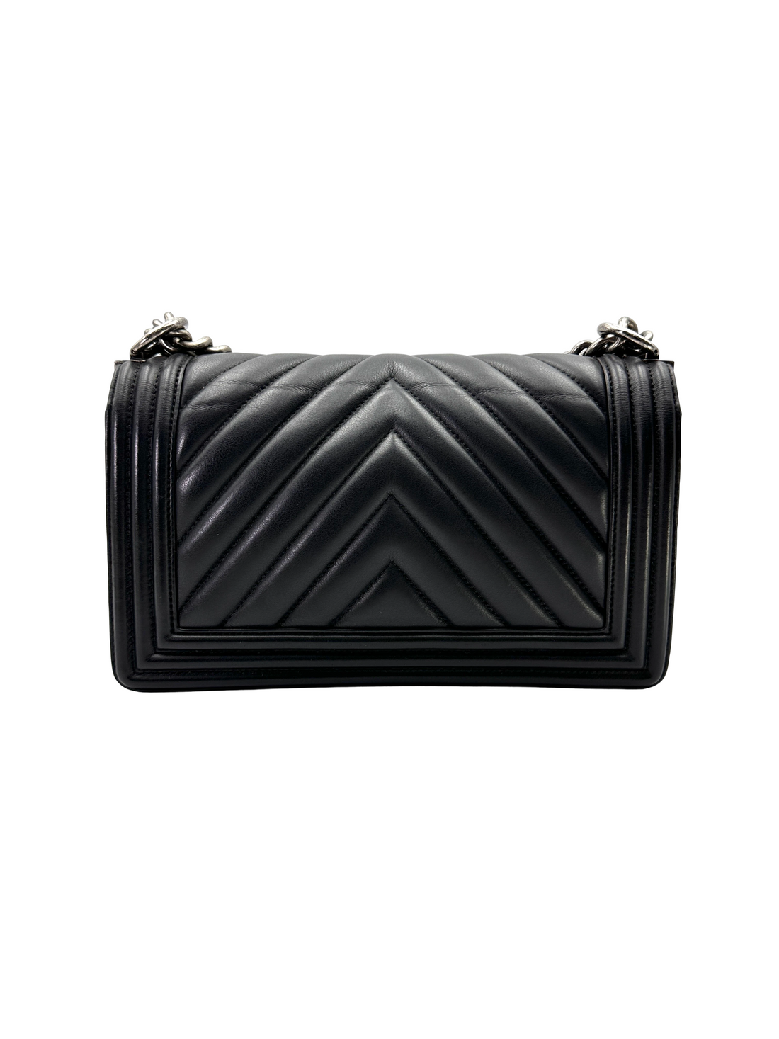 Chanel LeBoy Black Chevron Quilted Leather Medium Size Flap Bag With Silver Buckle(22***34) CC2277