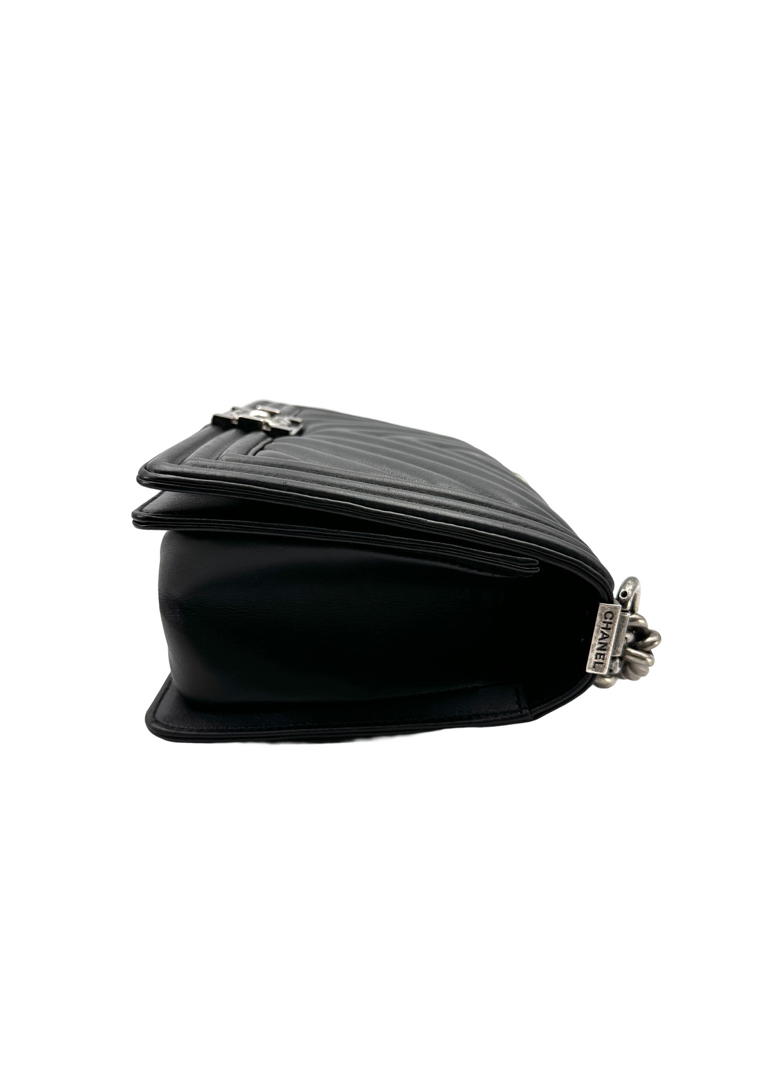 Chanel LeBoy Black Chevron Quilted Leather Medium Size Flap Bag With Silver Buckle(22***34) CC2277