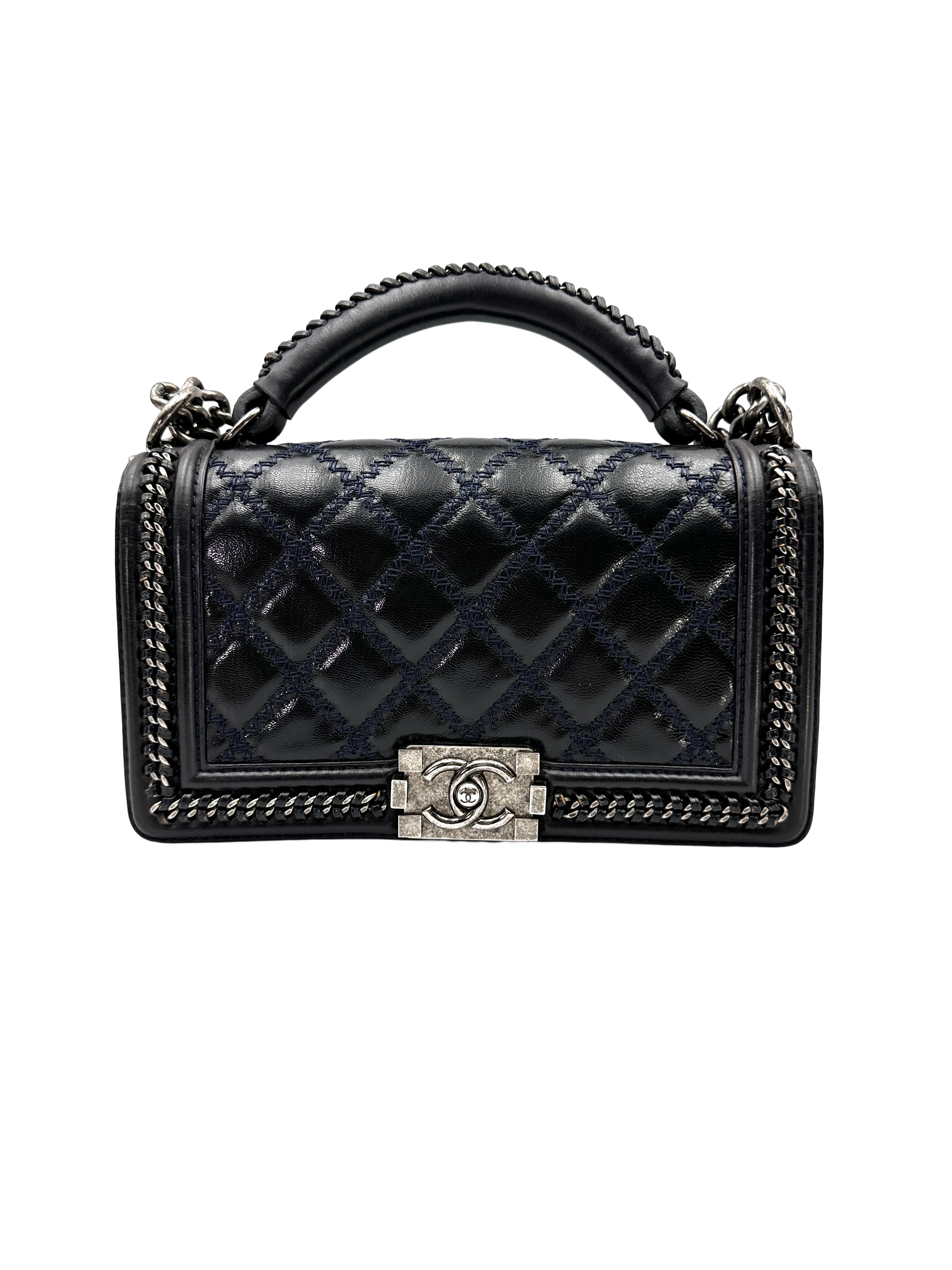 Chanel LeBoy Black Quilted Leather Top Handle Flap Bag With Silver Buckle(21***70) CC2282