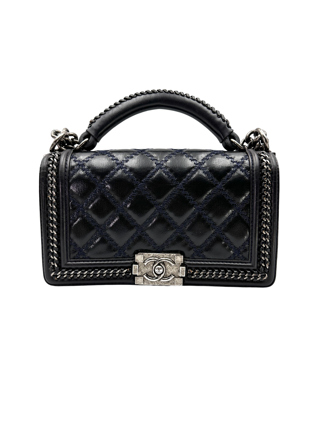 Chanel LeBoy Black Quilted Leather Top Handle Flap Bag With Silver Buckle(21***70) CC2282