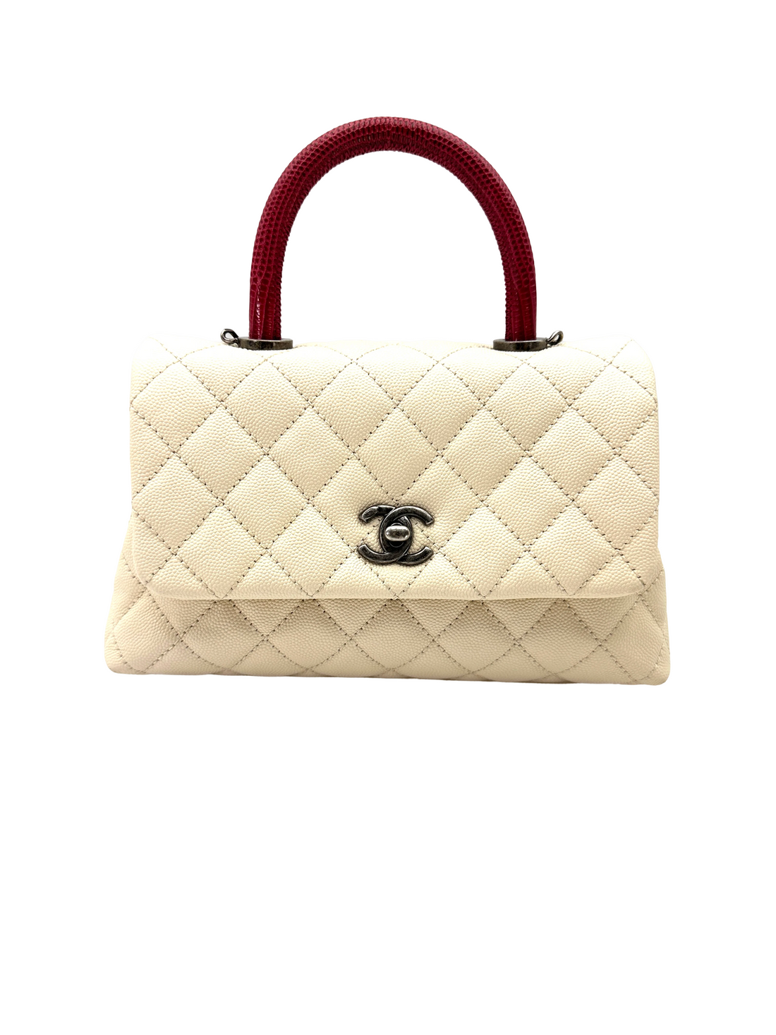 Chanel CoCo Handle White Quilted Leather Small Size Red Lizard Handle Bag(23***74) CC2283