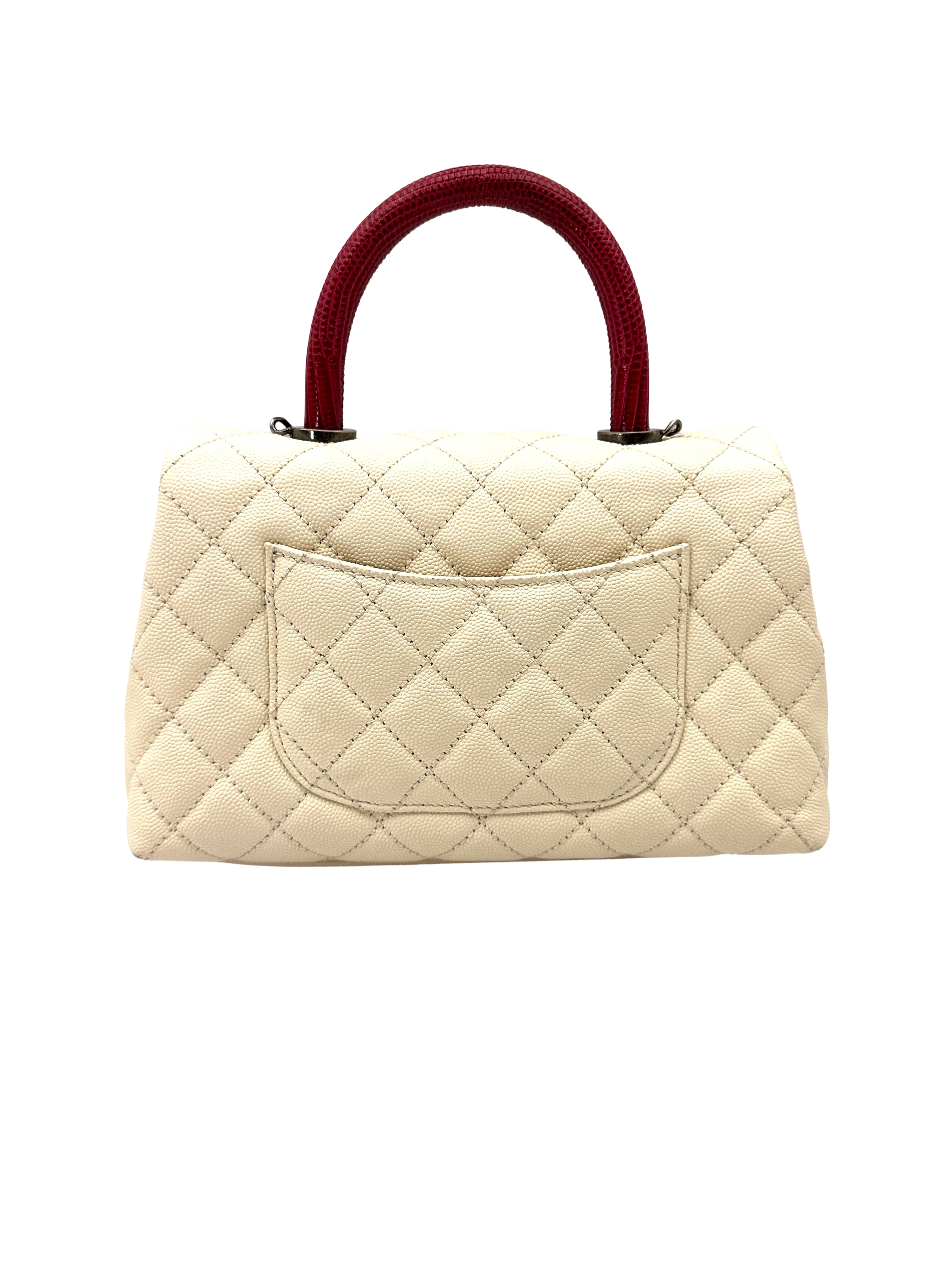 Chanel CoCo Handle White Quilted Leather Small Size Red Lizard Handle Bag(23***74) CC2283