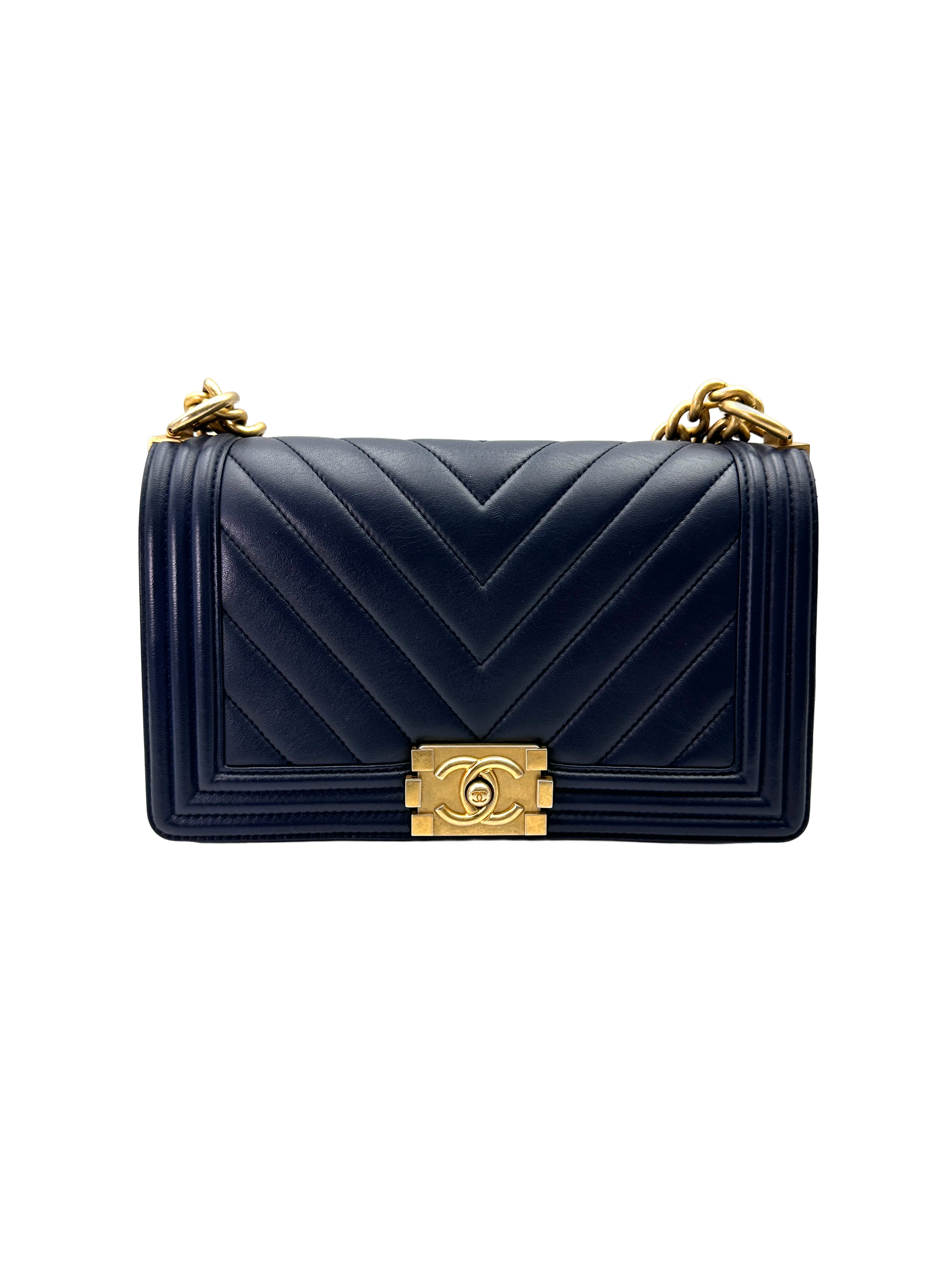 Chanel LeBoy Navy Chevron Quilted Leather Medium Size Flap Bag With Gold Buckle(24***86) CC2278