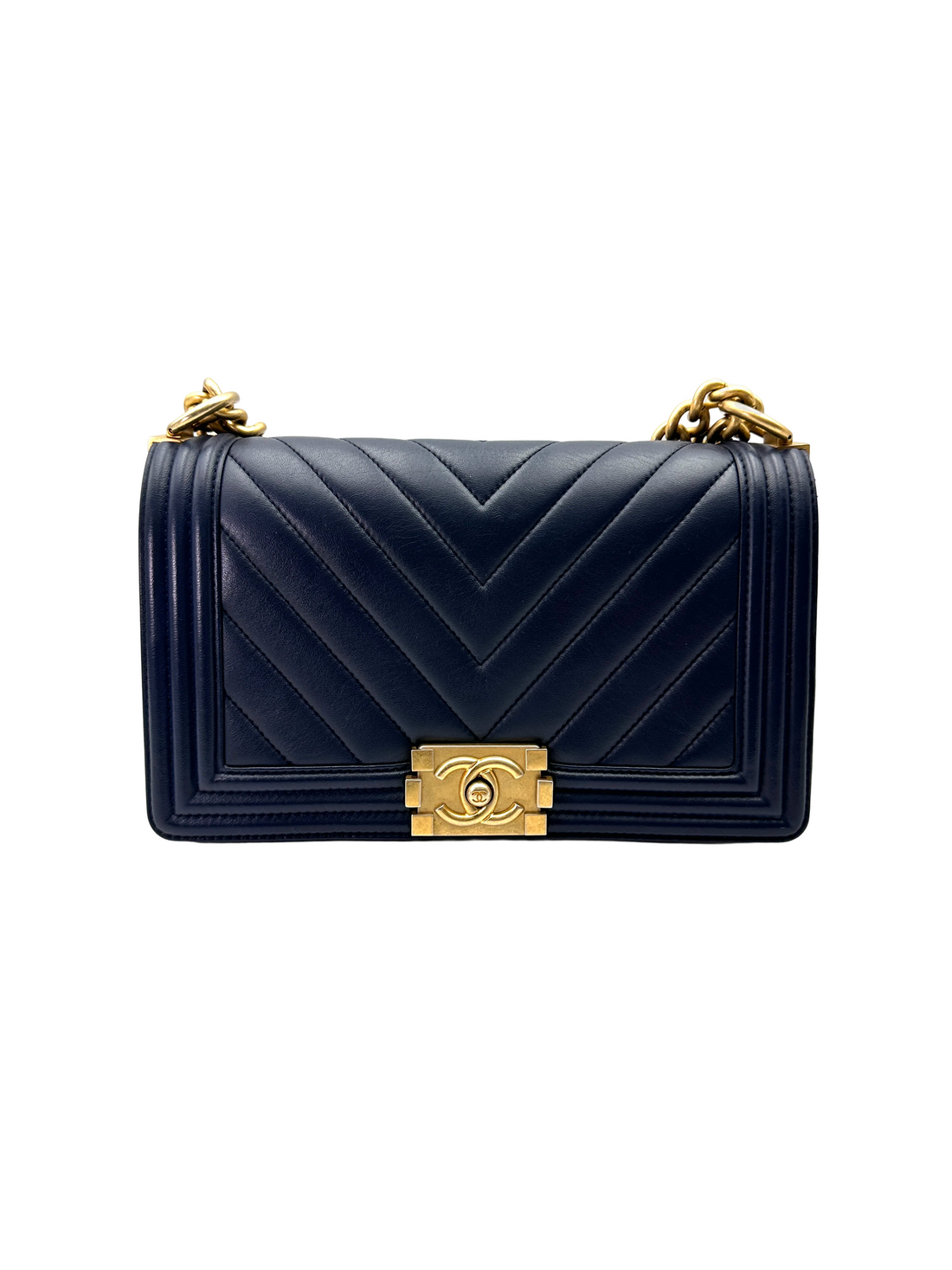 Chanel LeBoy Navy Chevron Quilted Leather Medium Size Flap Bag With Gold Buckle(24***86) CC2278