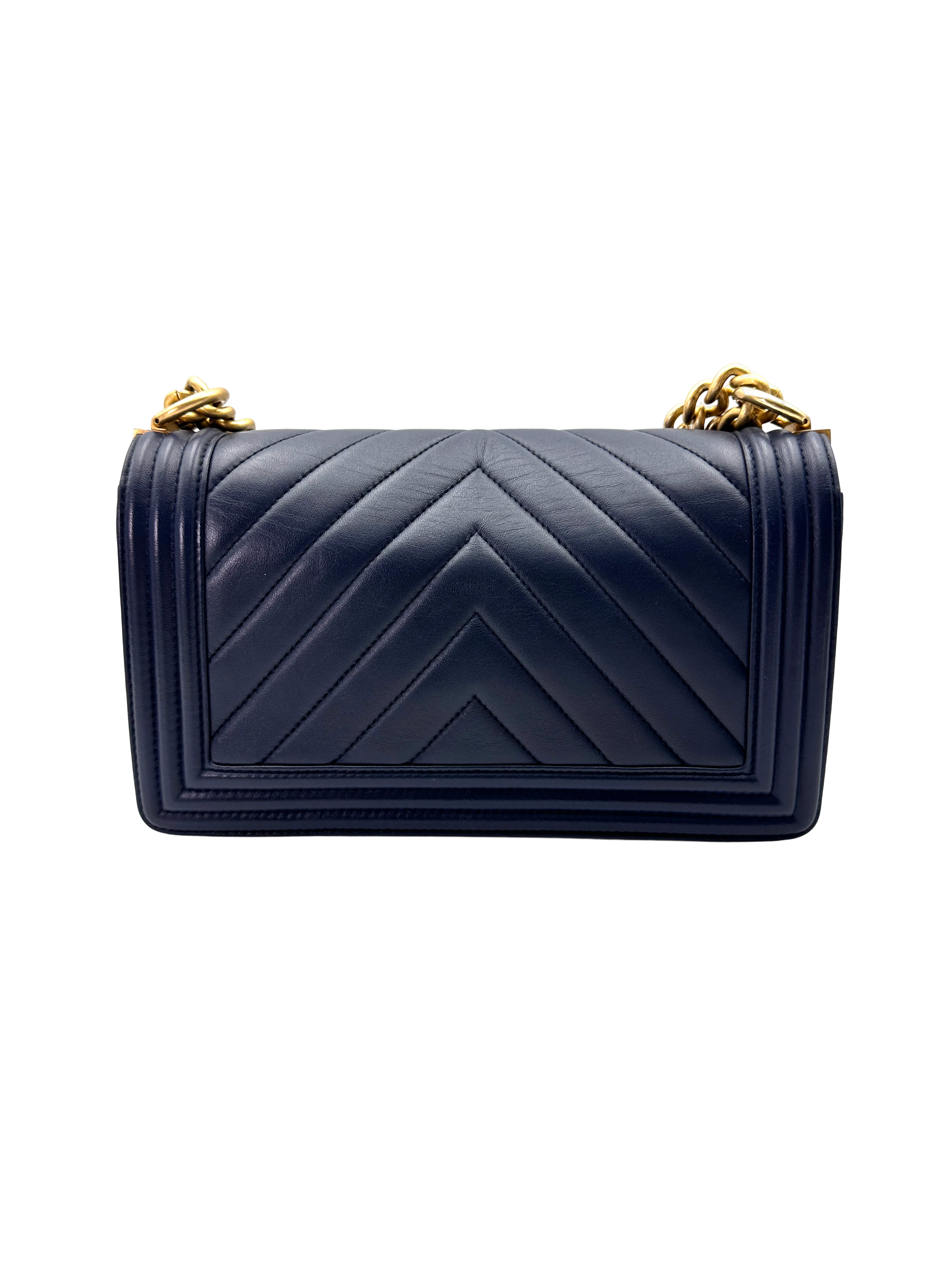 Chanel LeBoy Navy Chevron Quilted Leather Medium Size Flap Bag With Gold Buckle(24***86) CC2278