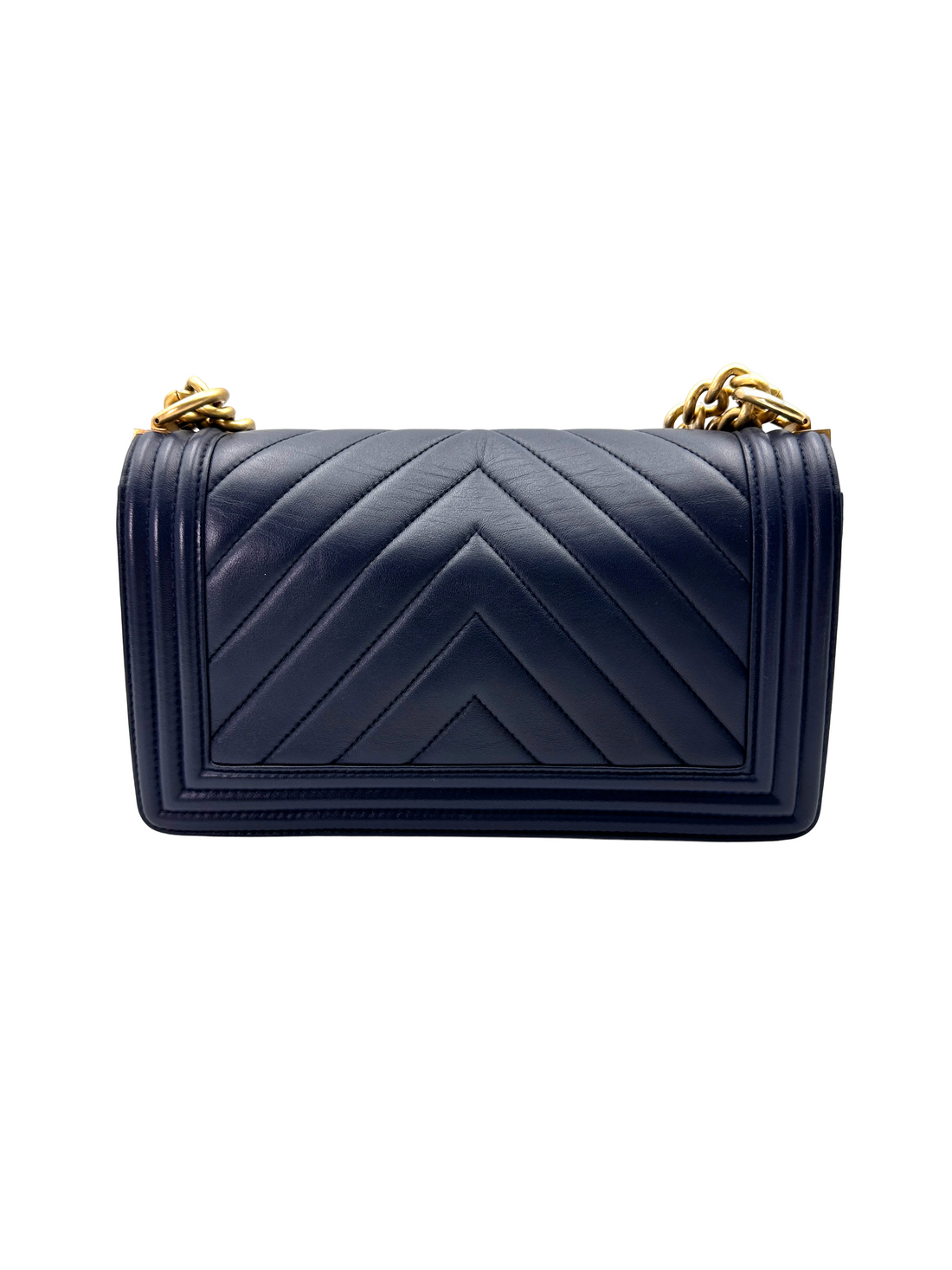 Chanel LeBoy Navy Chevron Quilted Leather Medium Size Flap Bag With Gold Buckle(24***86) CC2278