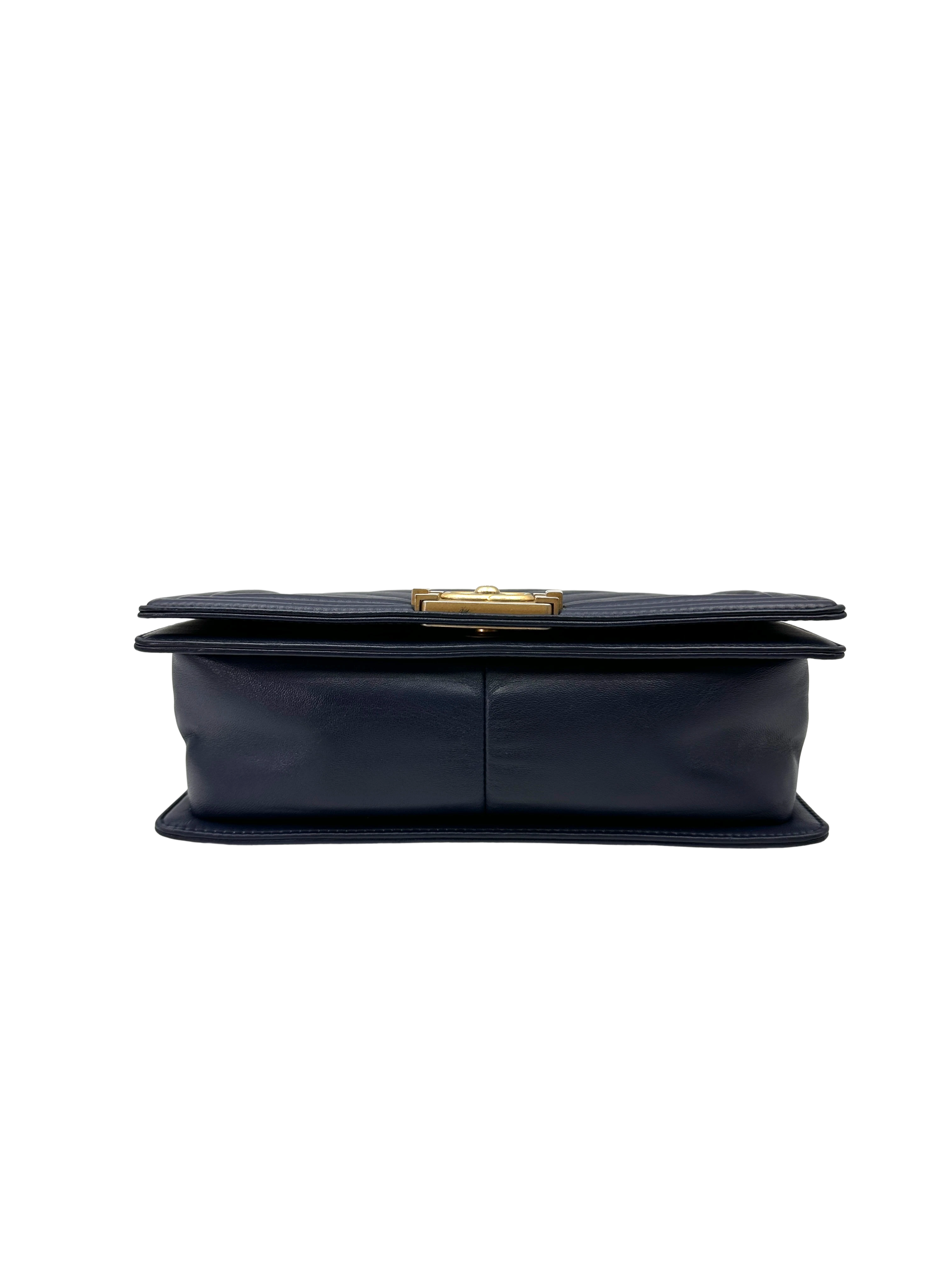 Chanel LeBoy Navy Chevron Quilted Leather Medium Size Flap Bag With Gold Buckle(24***86) CC2278