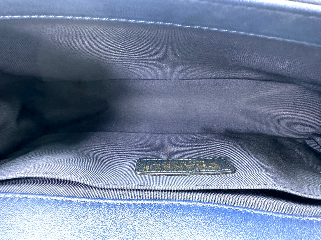 Chanel LeBoy Navy Chevron Quilted Leather Medium Size Flap Bag With Gold Buckle(24***86) CC2278