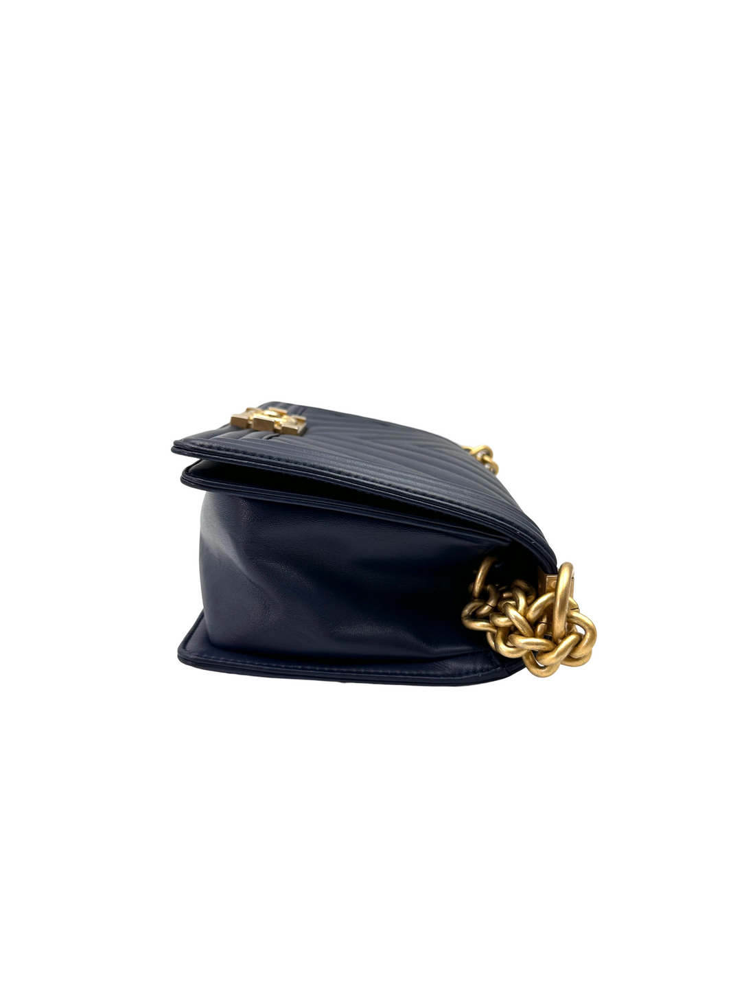 Chanel LeBoy Navy Chevron Quilted Leather Medium Size Flap Bag With Gold Buckle(24***86) CC2278