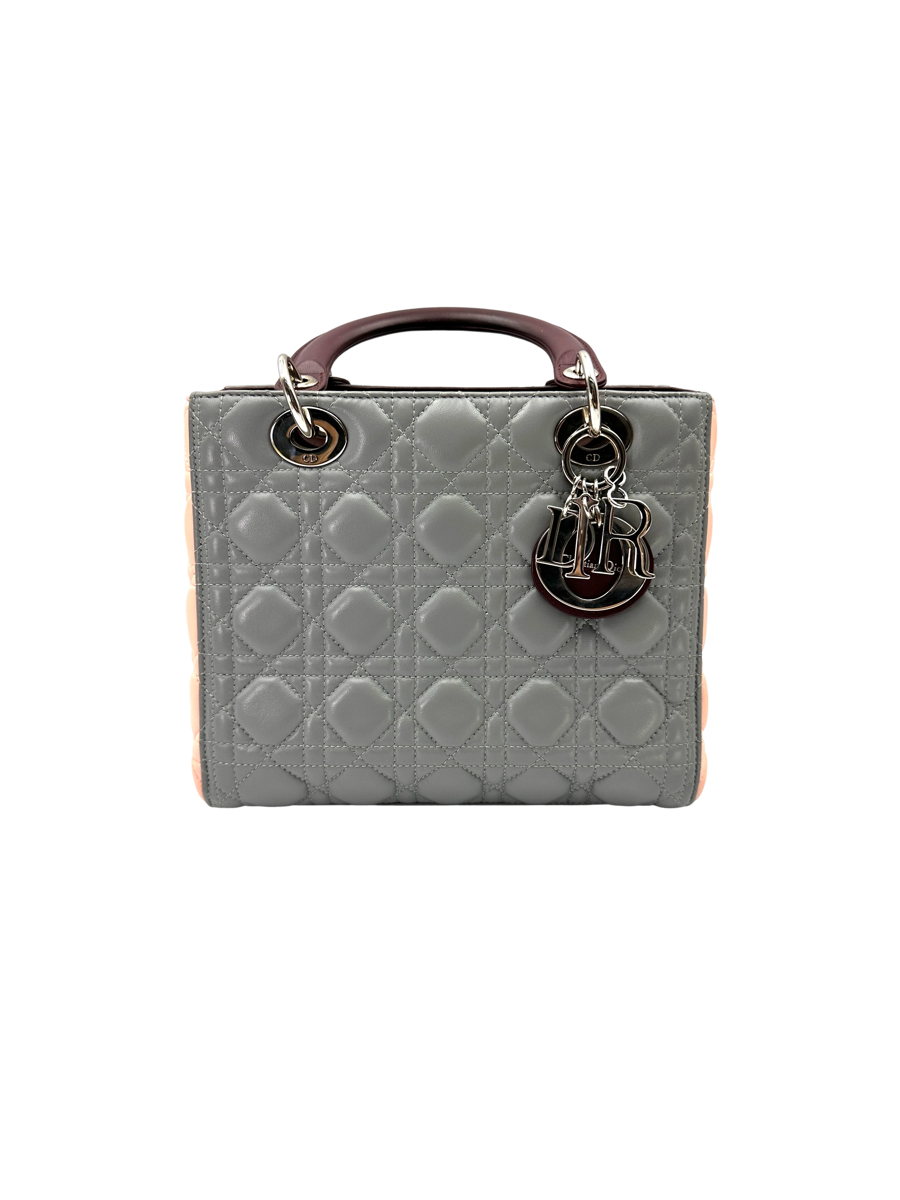 Christian Dior Lady Dior Grey Cannage Leather Red Handle Bag DR826