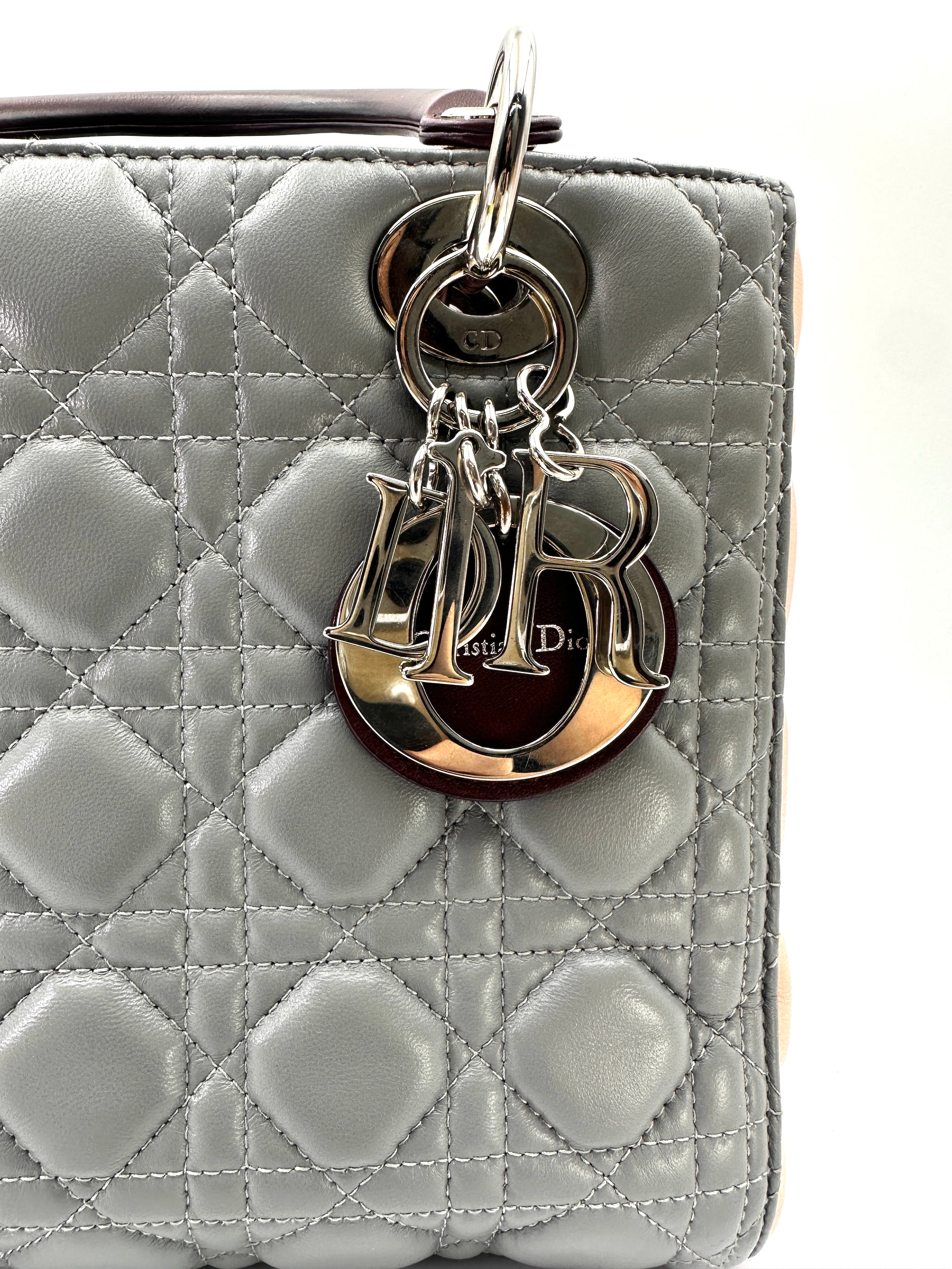 Christian Dior Lady Dior Grey Cannage Leather Red Handle Bag DR826