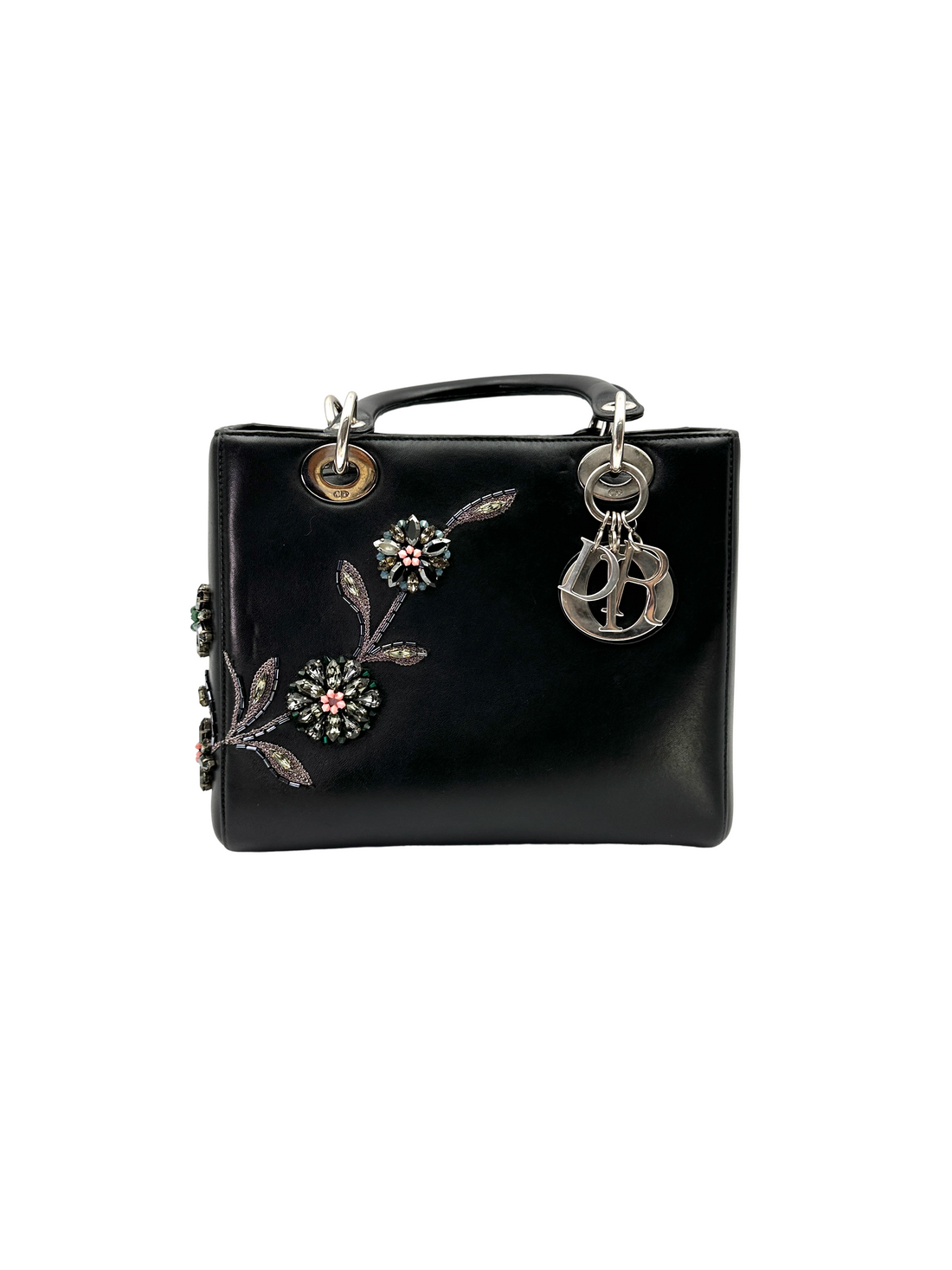 Christian Dior Lady Dior Black Leather Handle Bag With Floral Bead Embroidery DR827