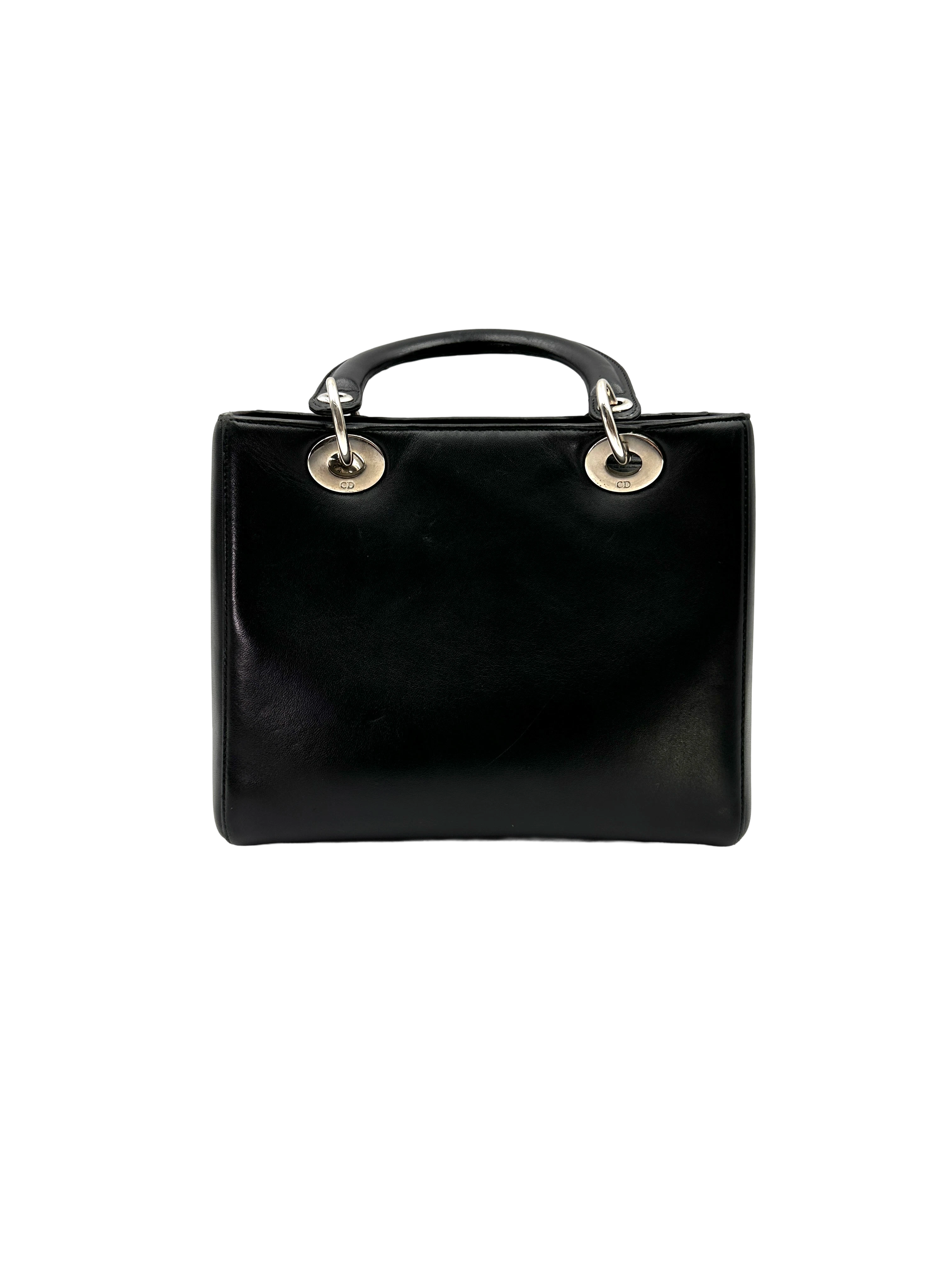Christian Dior Lady Dior Black Leather Handle Bag With Floral Bead Embroidery DR827