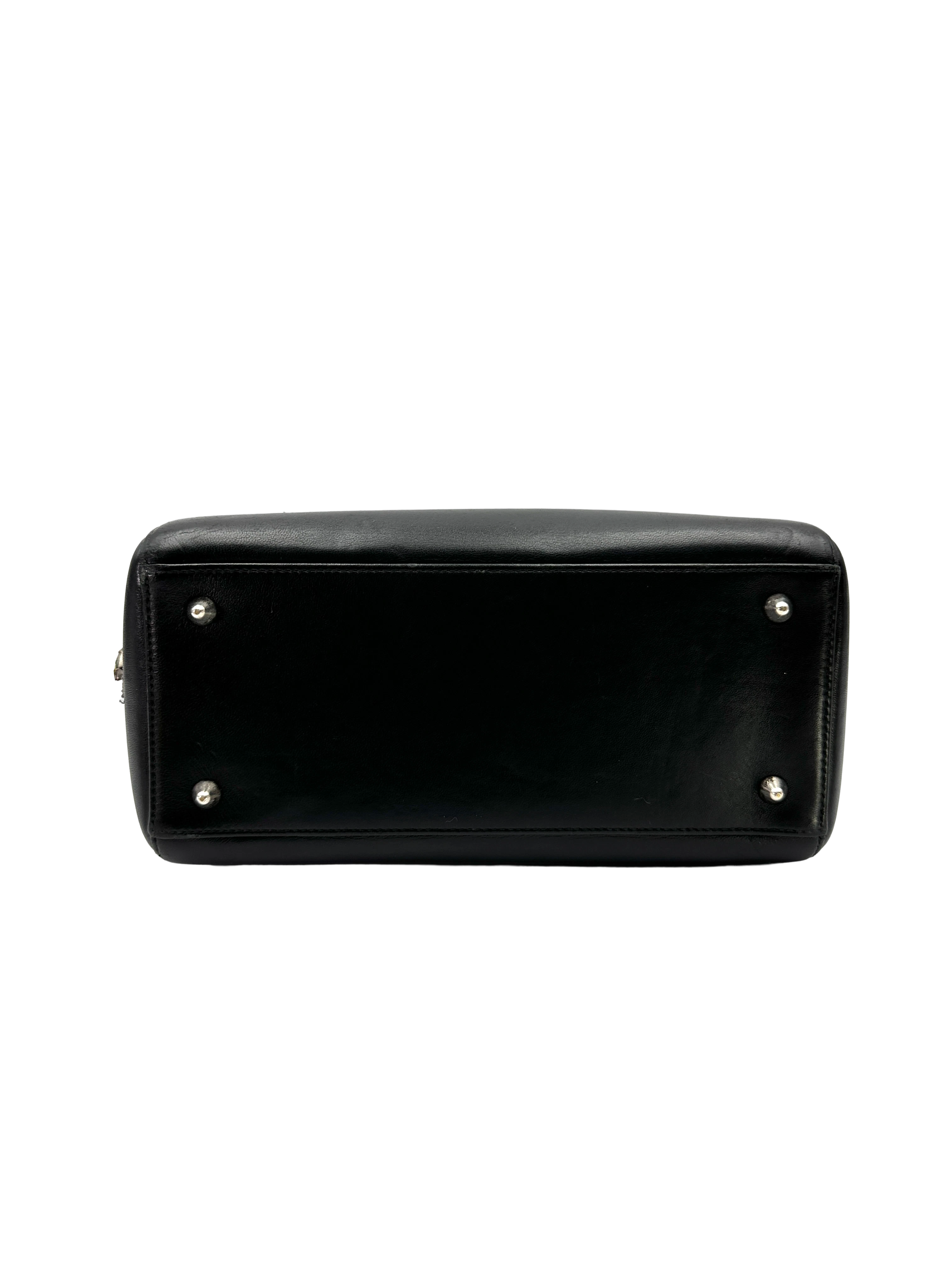 Christian Dior Lady Dior Black Leather Handle Bag With Floral Bead Embroidery DR827
