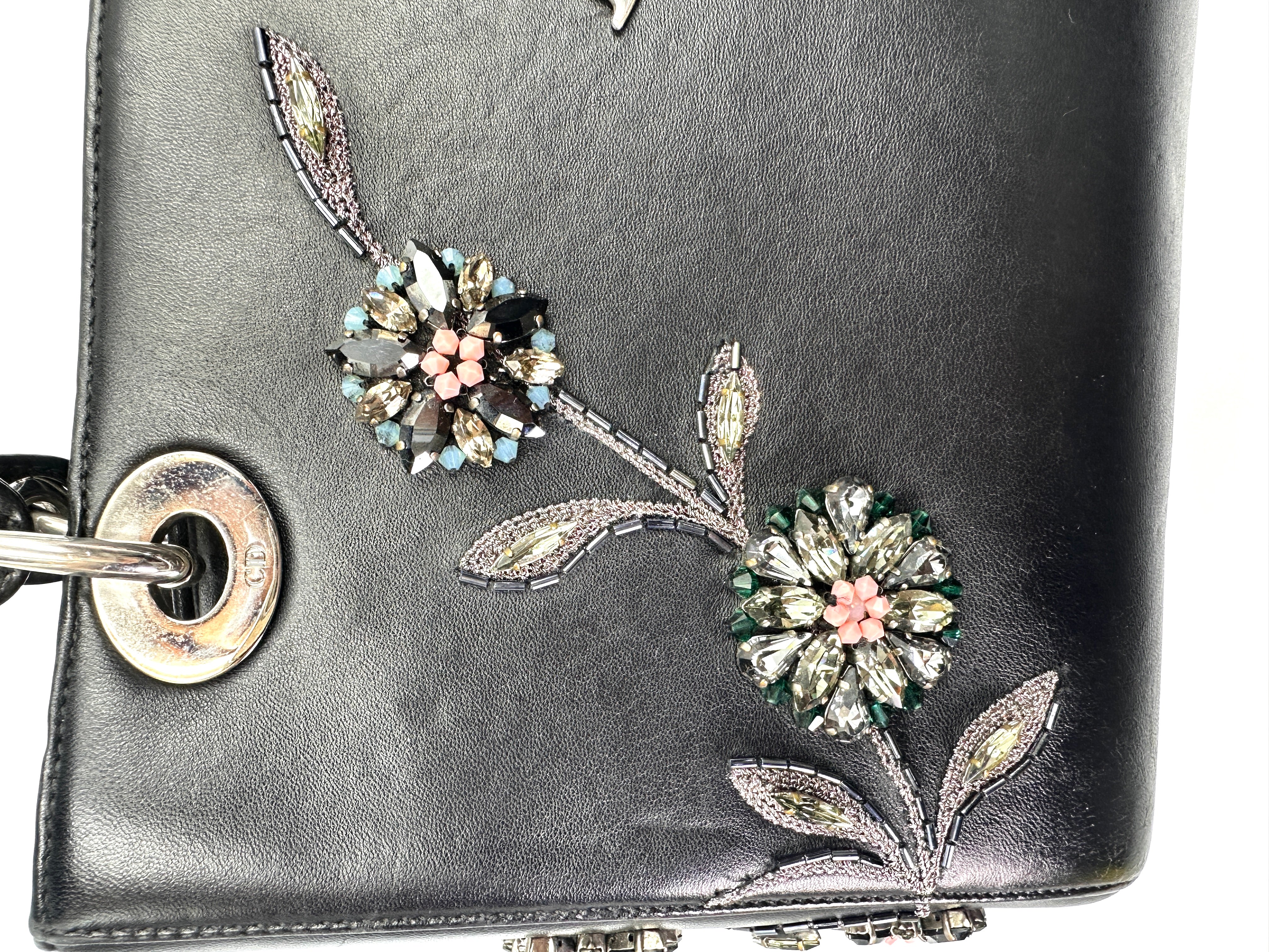 Christian Dior Lady Dior Black Leather Handle Bag With Floral Bead Embroidery DR827