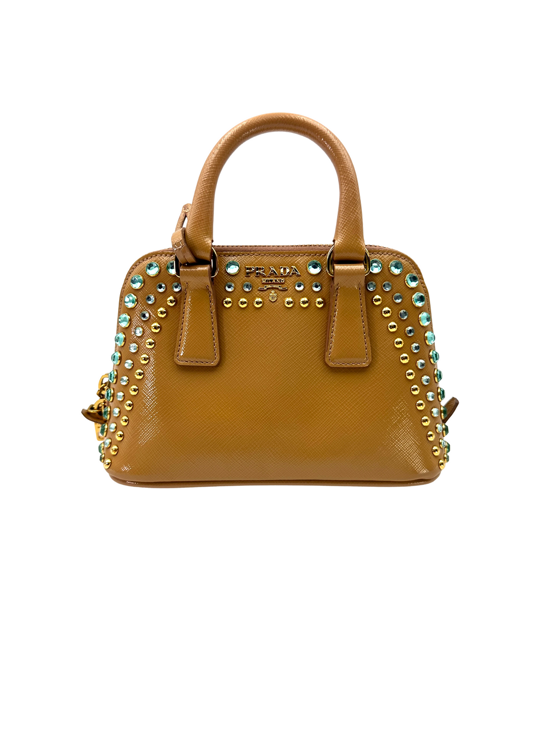 Prada Promenade Beige Saffiano Crystal Studded Top Handle Bag PR513