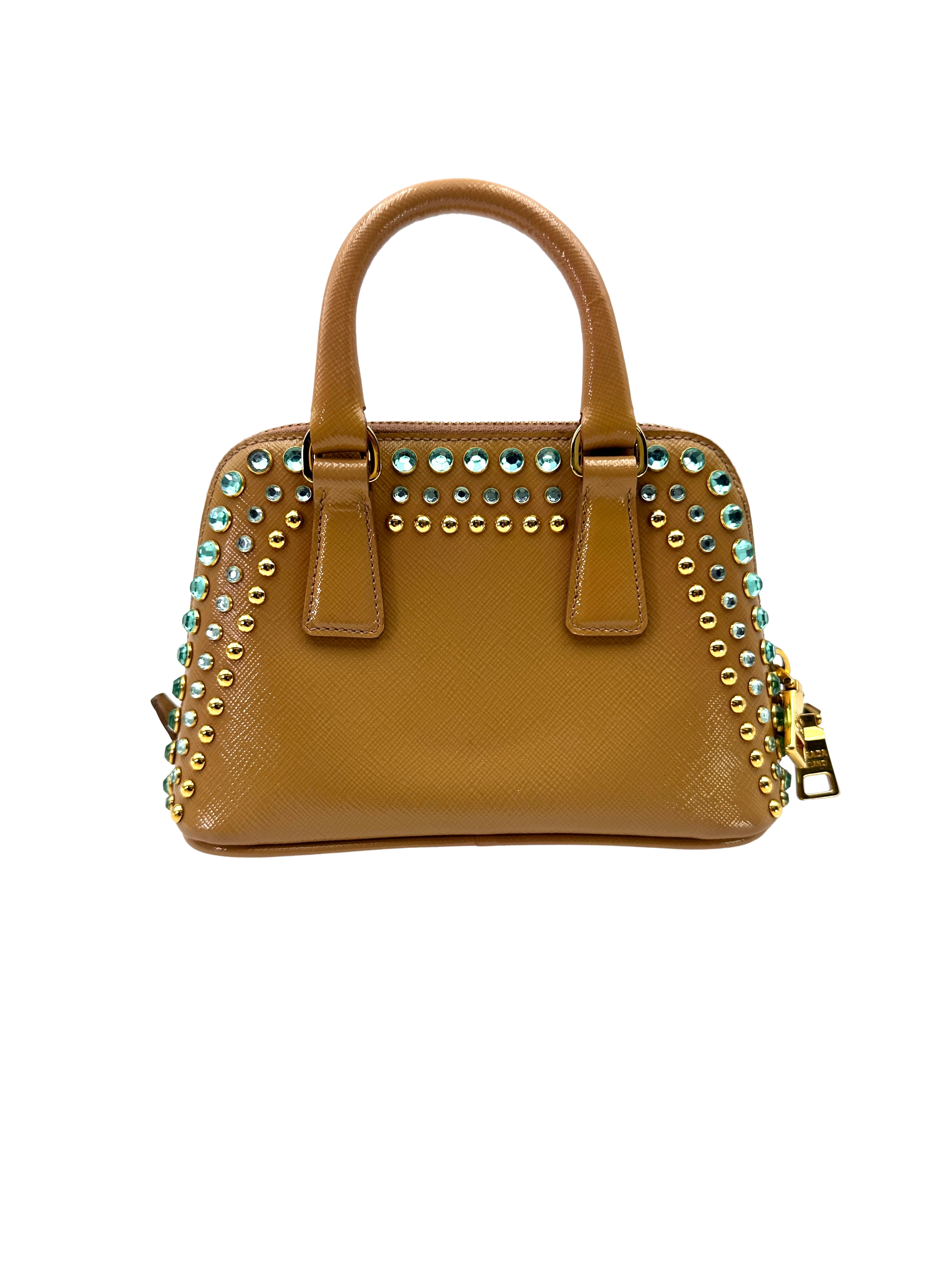 Prada Promenade Beige Saffiano Crystal Studded Top Handle Bag PR513