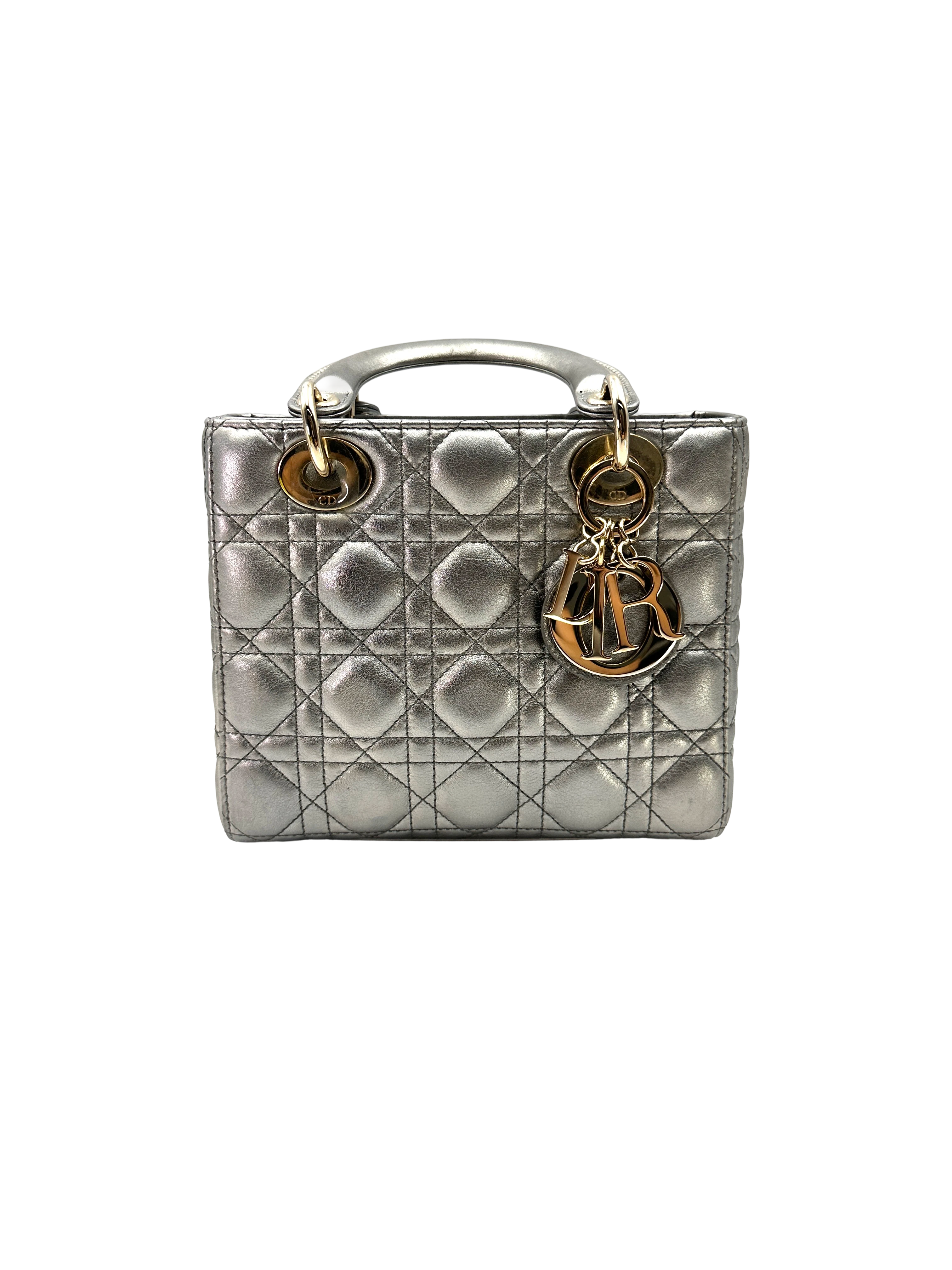 Christian Dior Lady Dior Metallic Silver Cannage Leather Handle Bag DR829