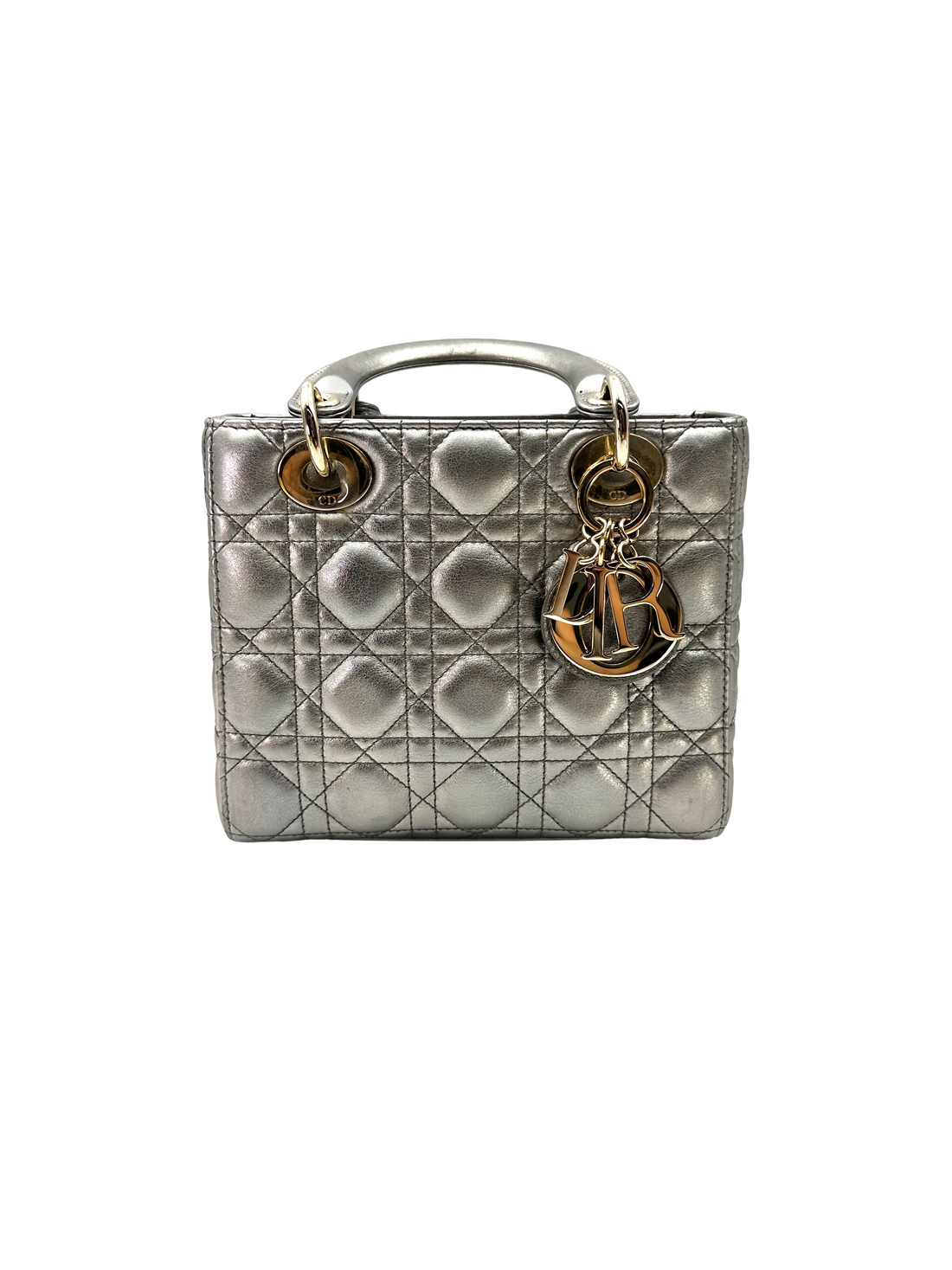 Christian Dior Lady Dior Metallic Silver Cannage Leather Handle Bag DR829