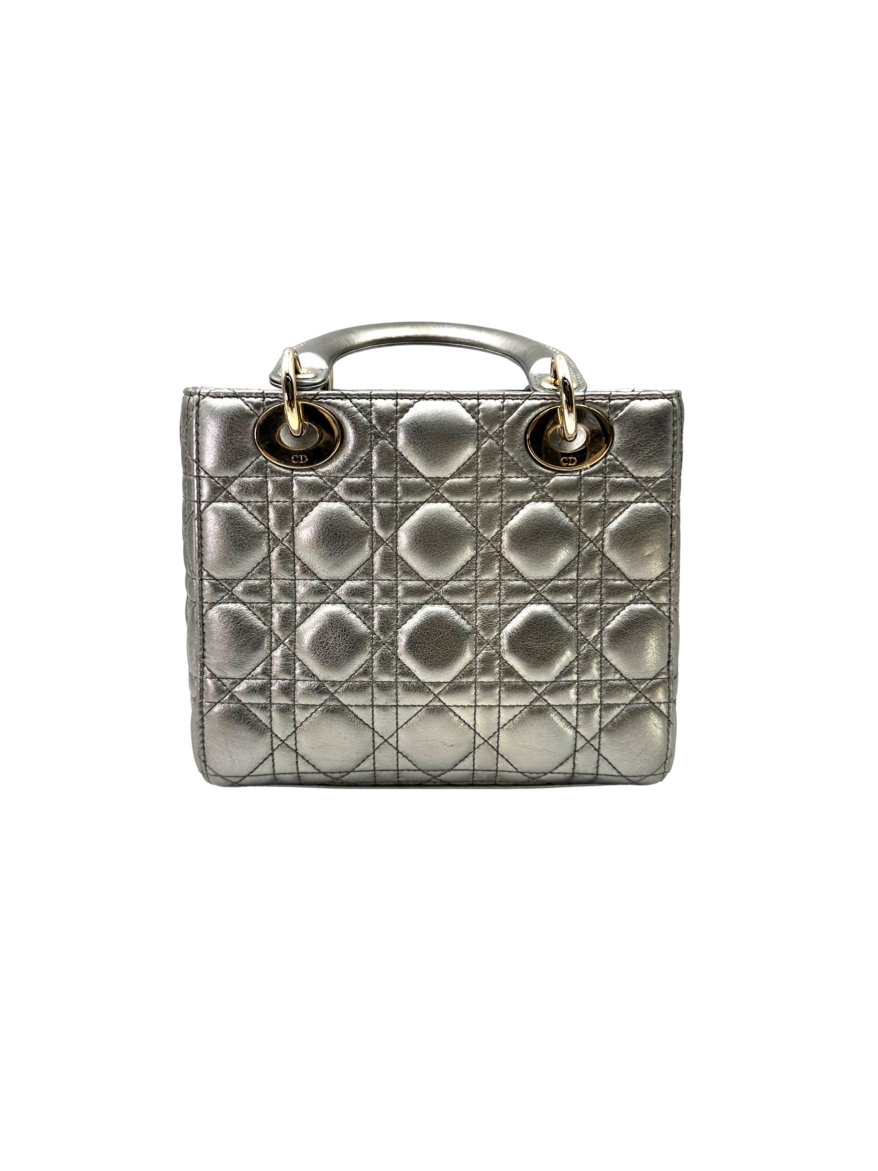 Christian Dior Lady Dior Metallic Silver Cannage Leather Handle Bag DR829
