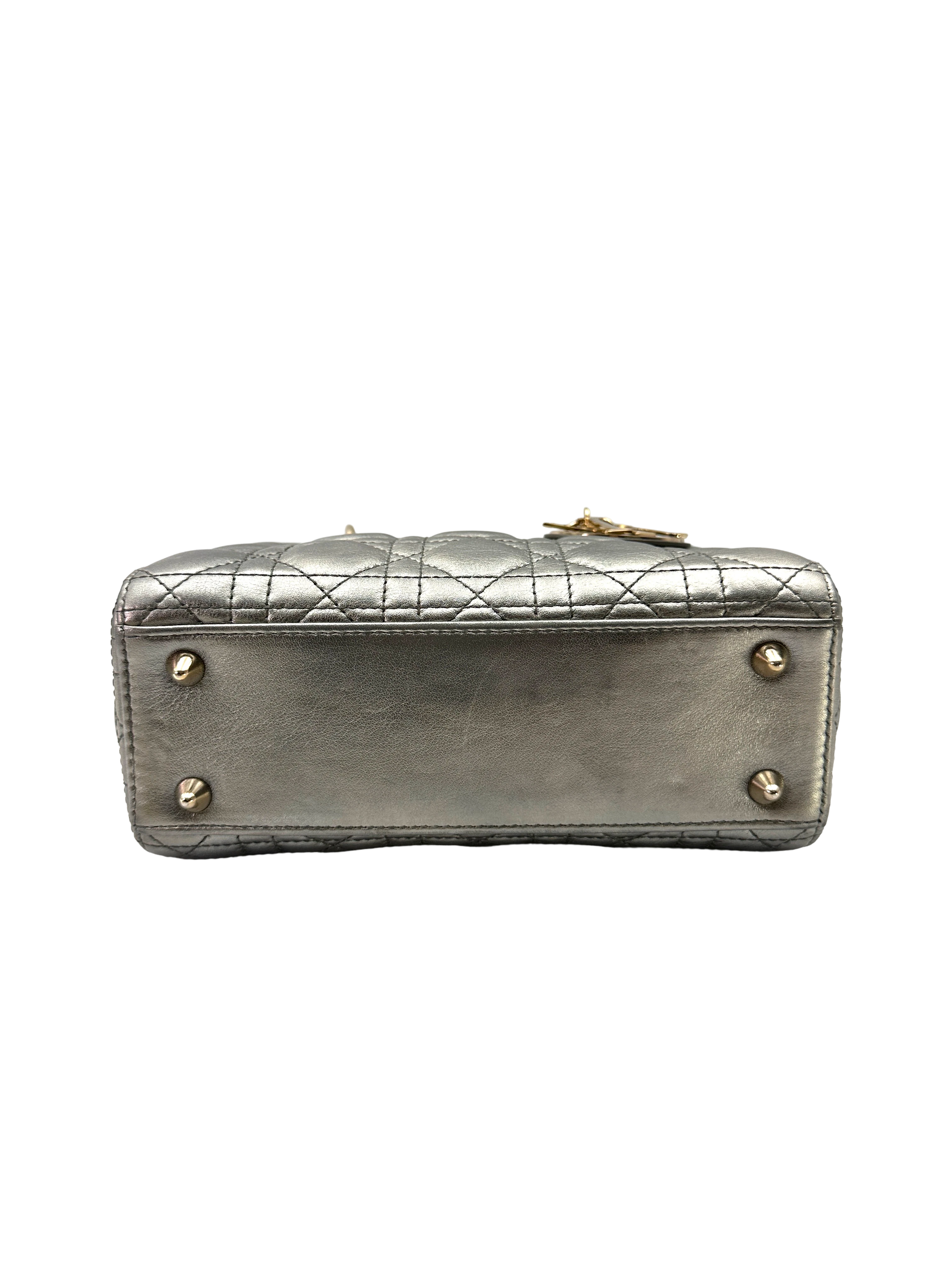 Christian Dior Lady Dior Metallic Silver Cannage Leather Handle Bag DR829