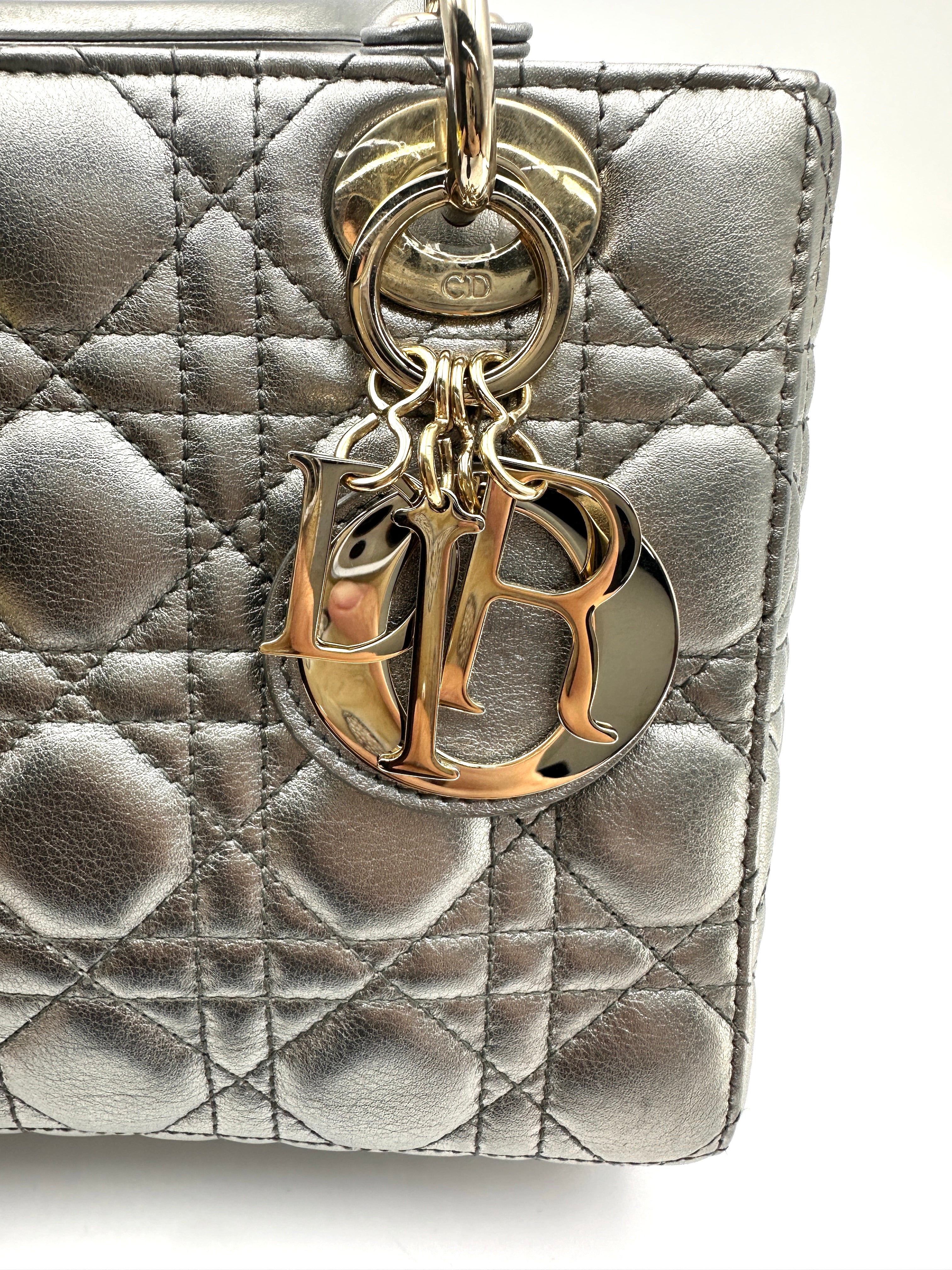Christian Dior Lady Dior Metallic Silver Cannage Leather Handle Bag DR829
