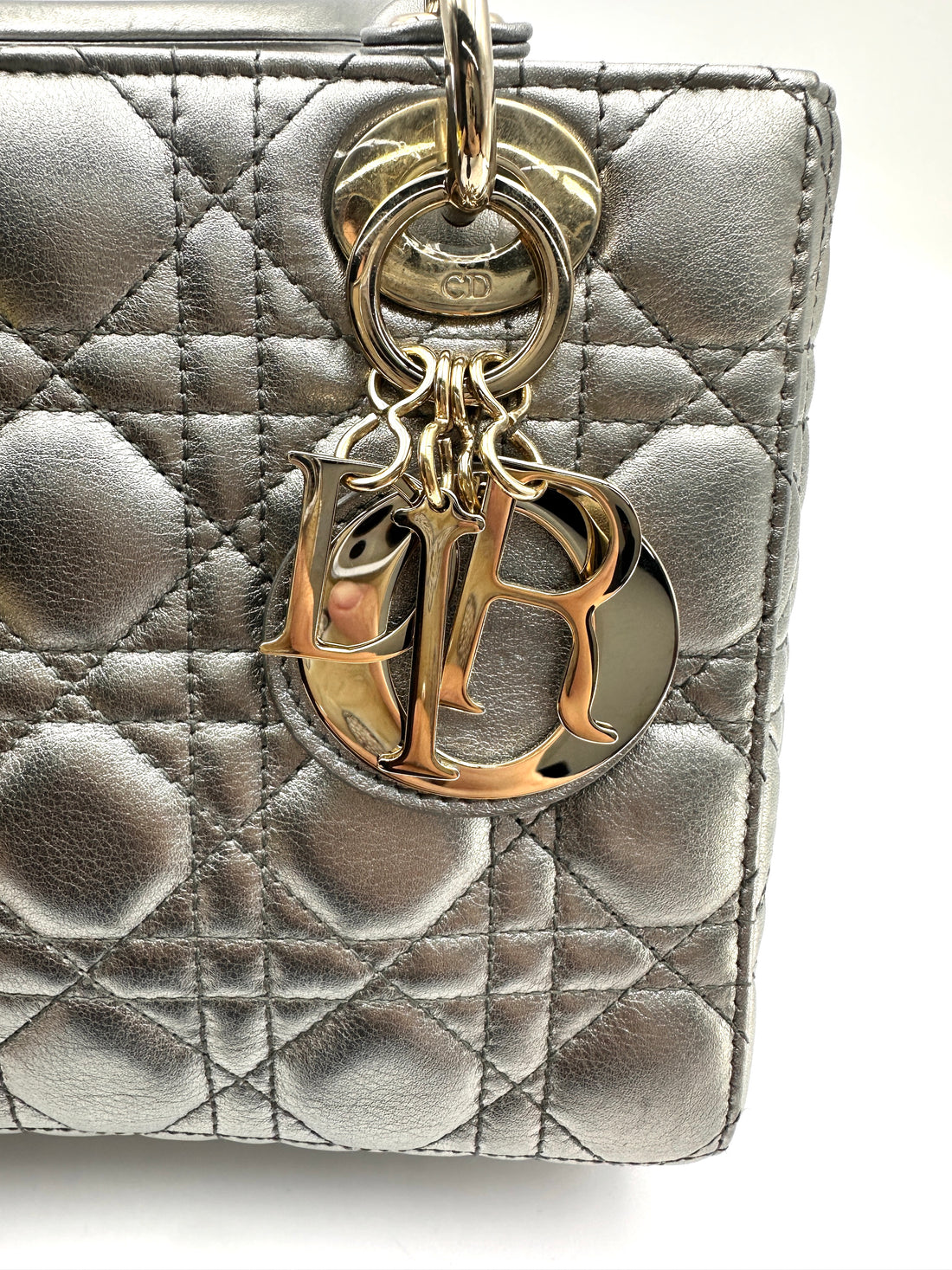 Christian Dior Lady Dior Metallic Silver Cannage Leather Handle Bag DR829