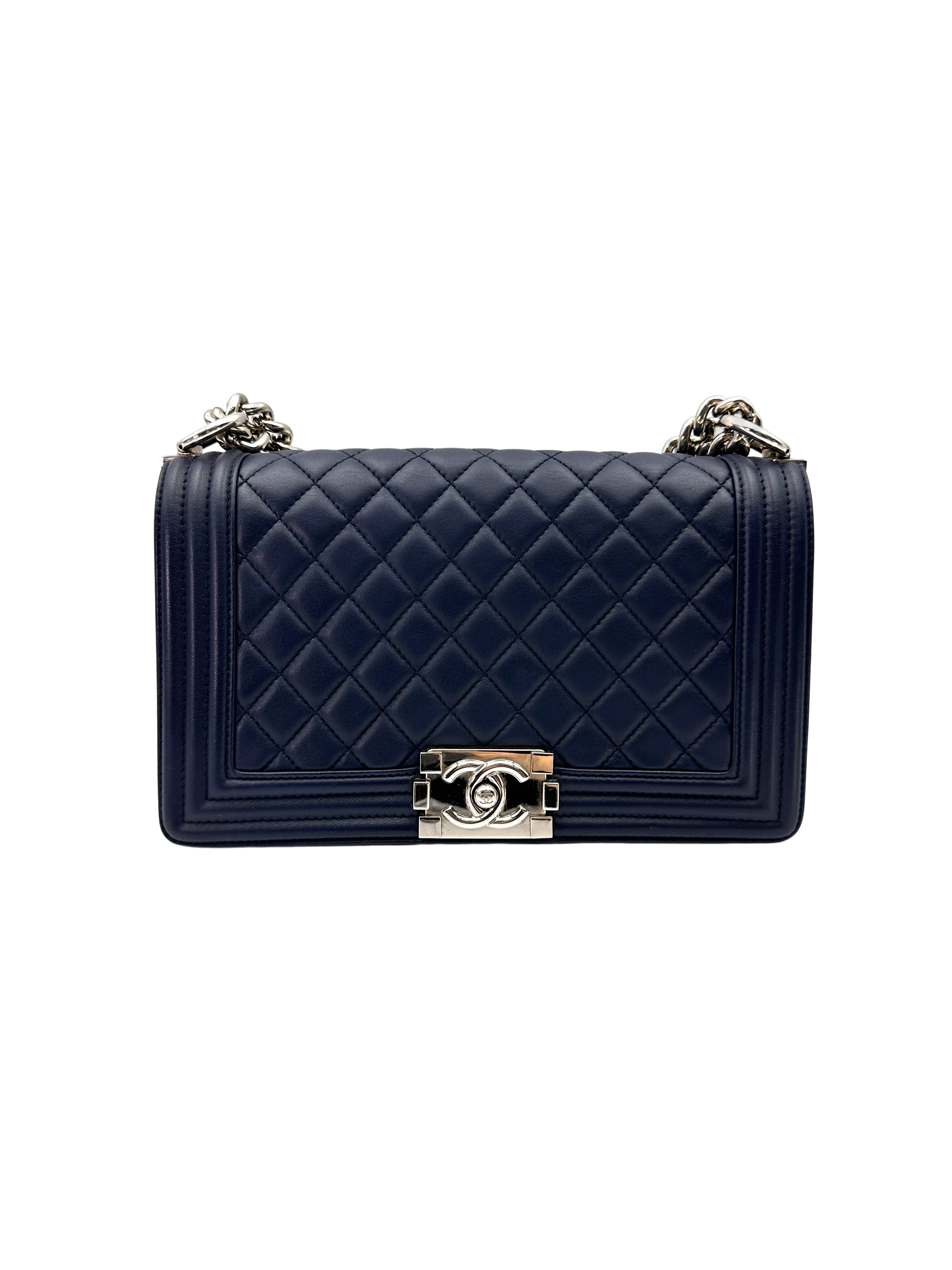 Chanel LeBoy Navy Quilted Leather Medium Size Flap Bag With Silver Buckle(24***62) CC2287