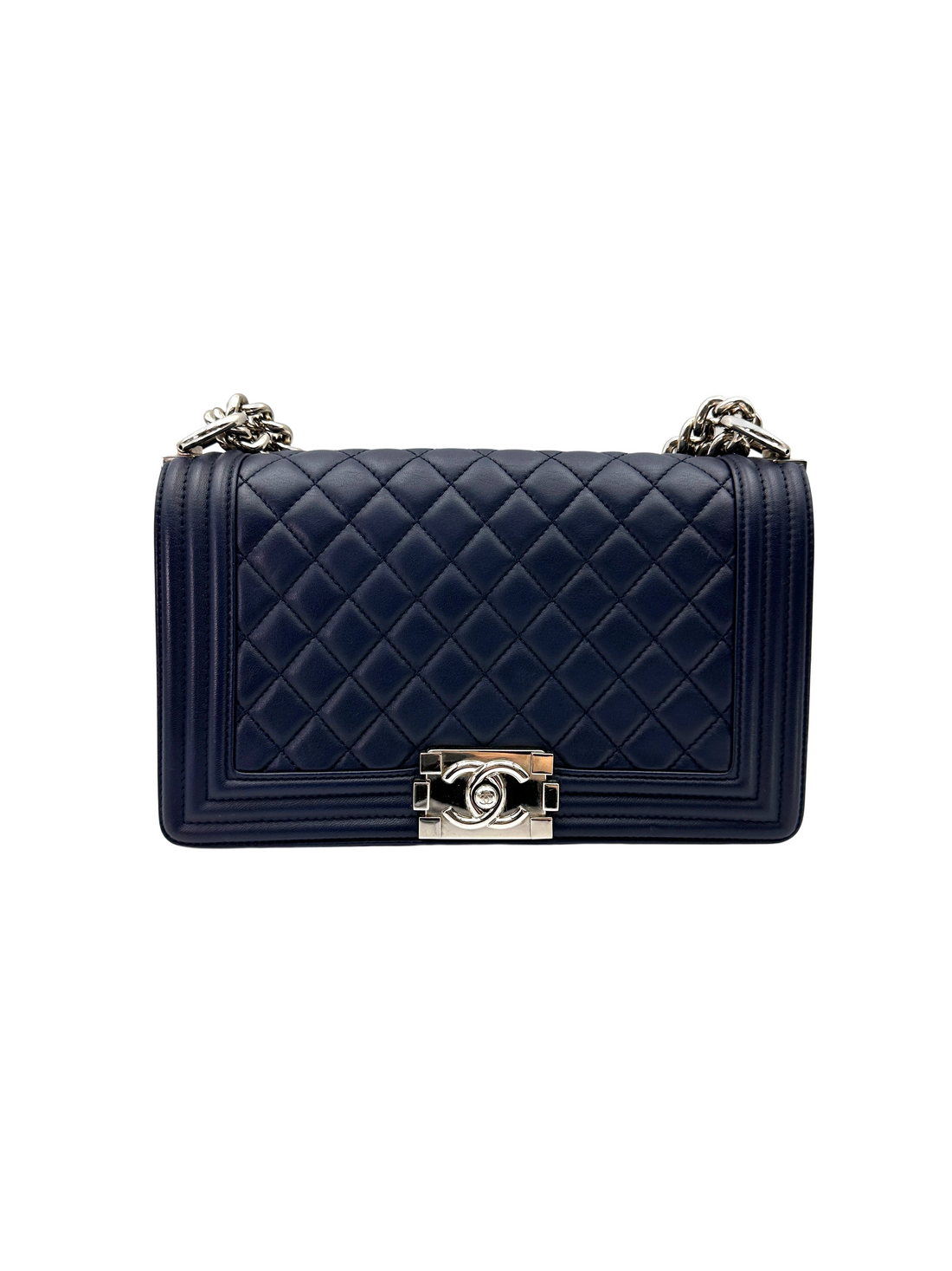 Chanel LeBoy Navy Quilted Leather Medium Size Flap Bag With Silver Buckle(24***62) CC2287
