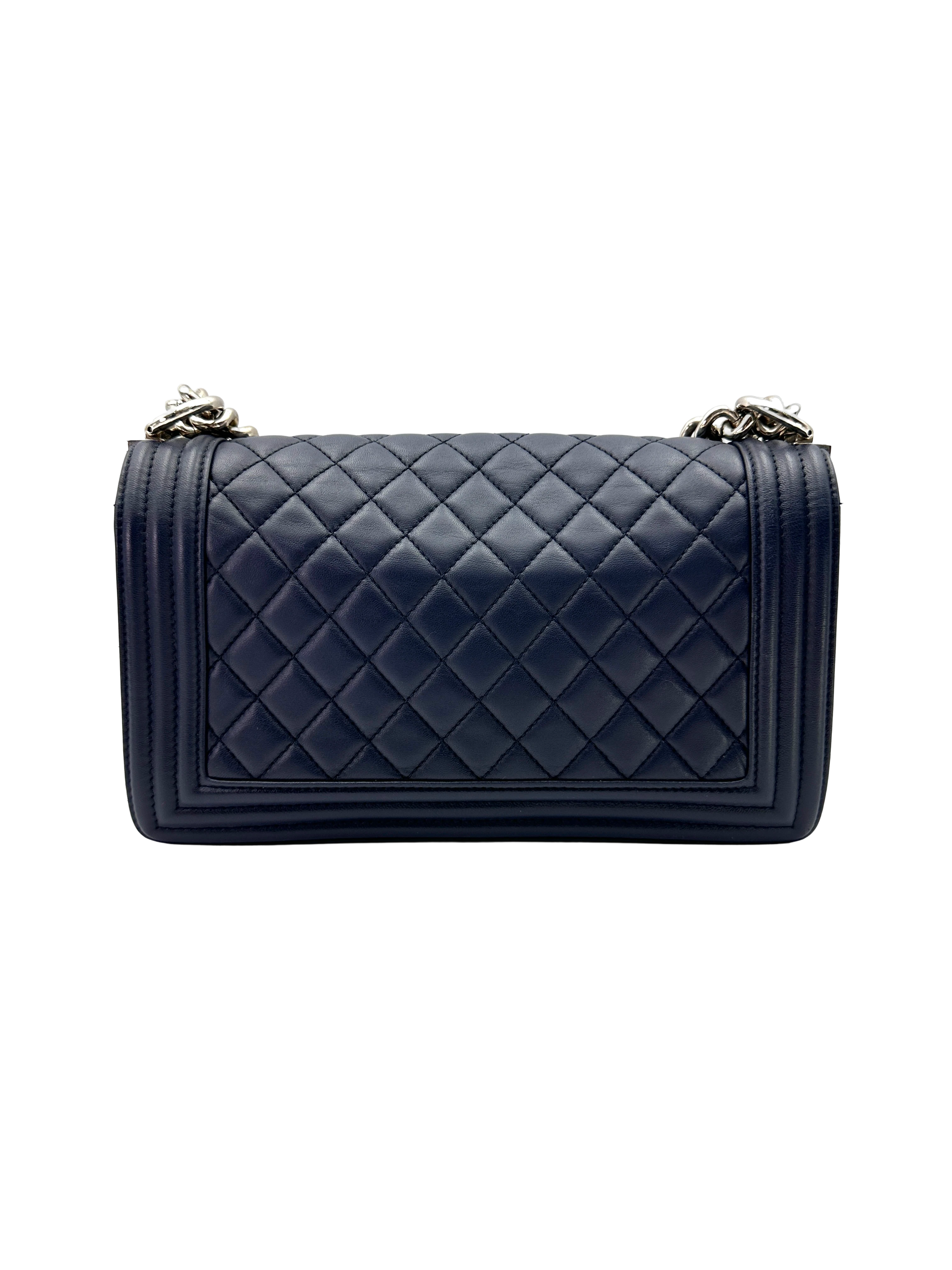 Chanel LeBoy Navy Quilted Leather Medium Size Flap Bag With Silver Buckle(24***62) CC2287