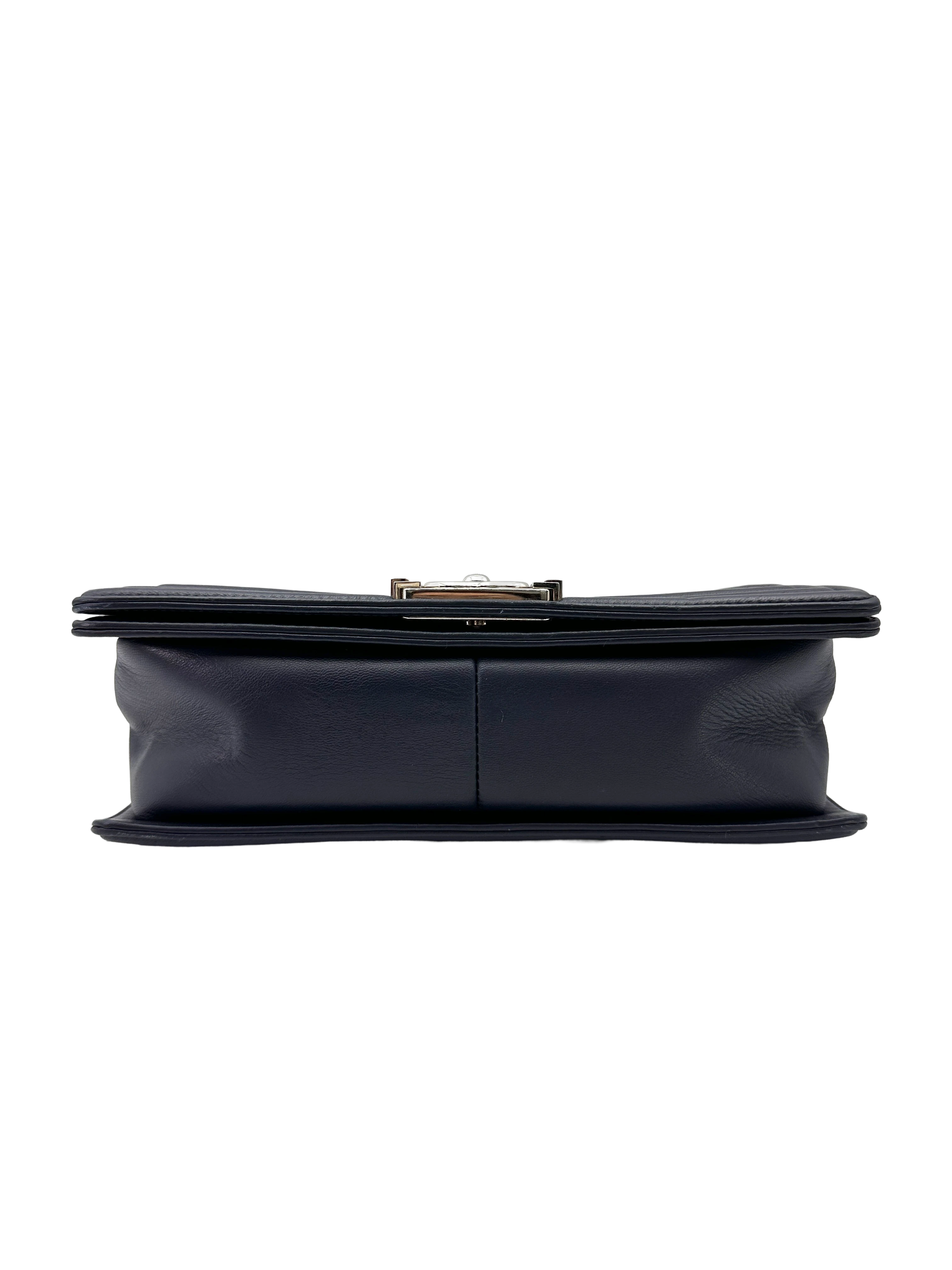 Chanel LeBoy Navy Quilted Leather Medium Size Flap Bag With Silver Buckle(24***62) CC2287