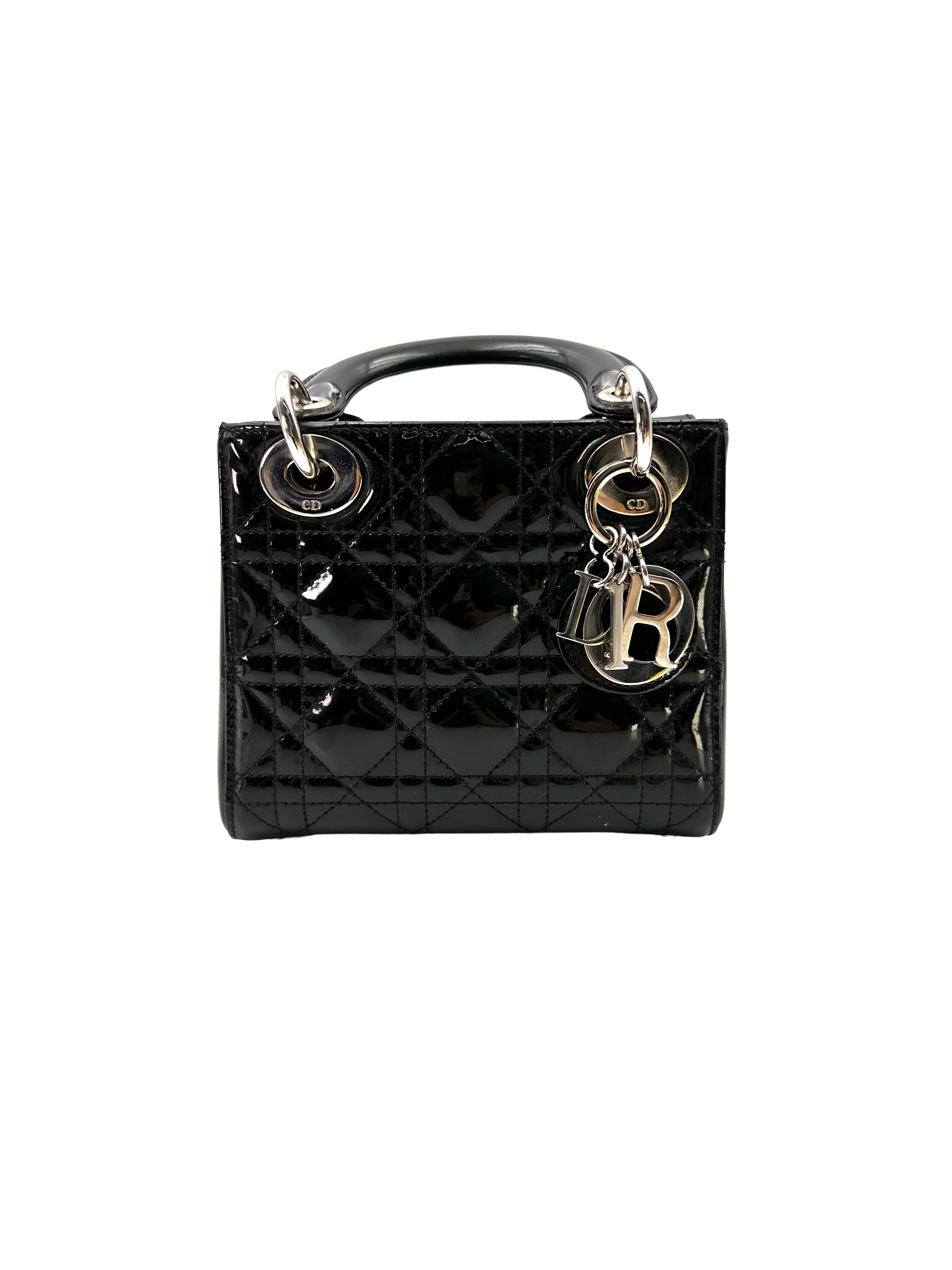 Christian Dior Lady Dior Black Cannage Patent Leather Handle Bag DR830