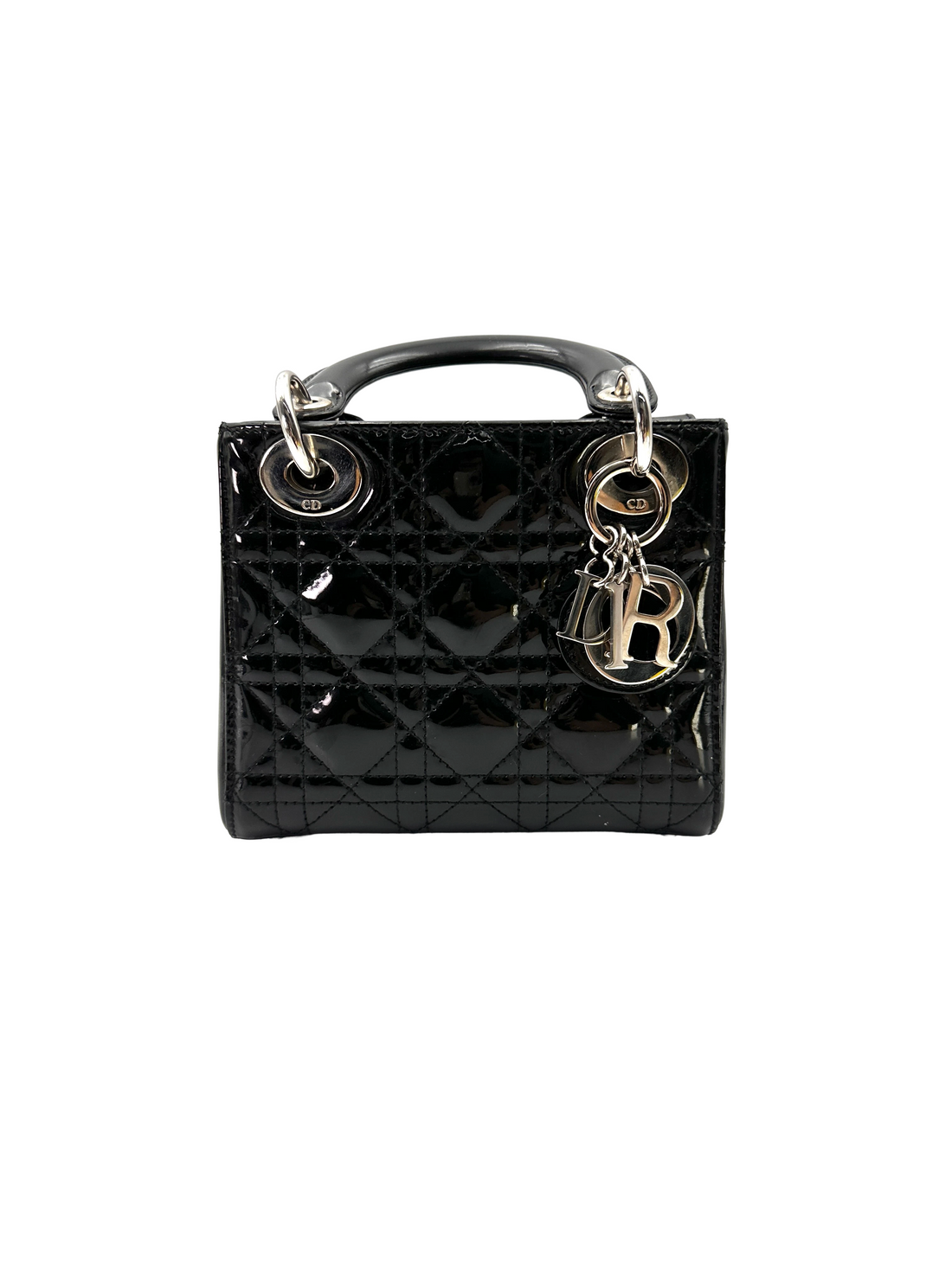 Christian Dior Lady Dior Black Cannage Patent Leather Handle Bag DR830